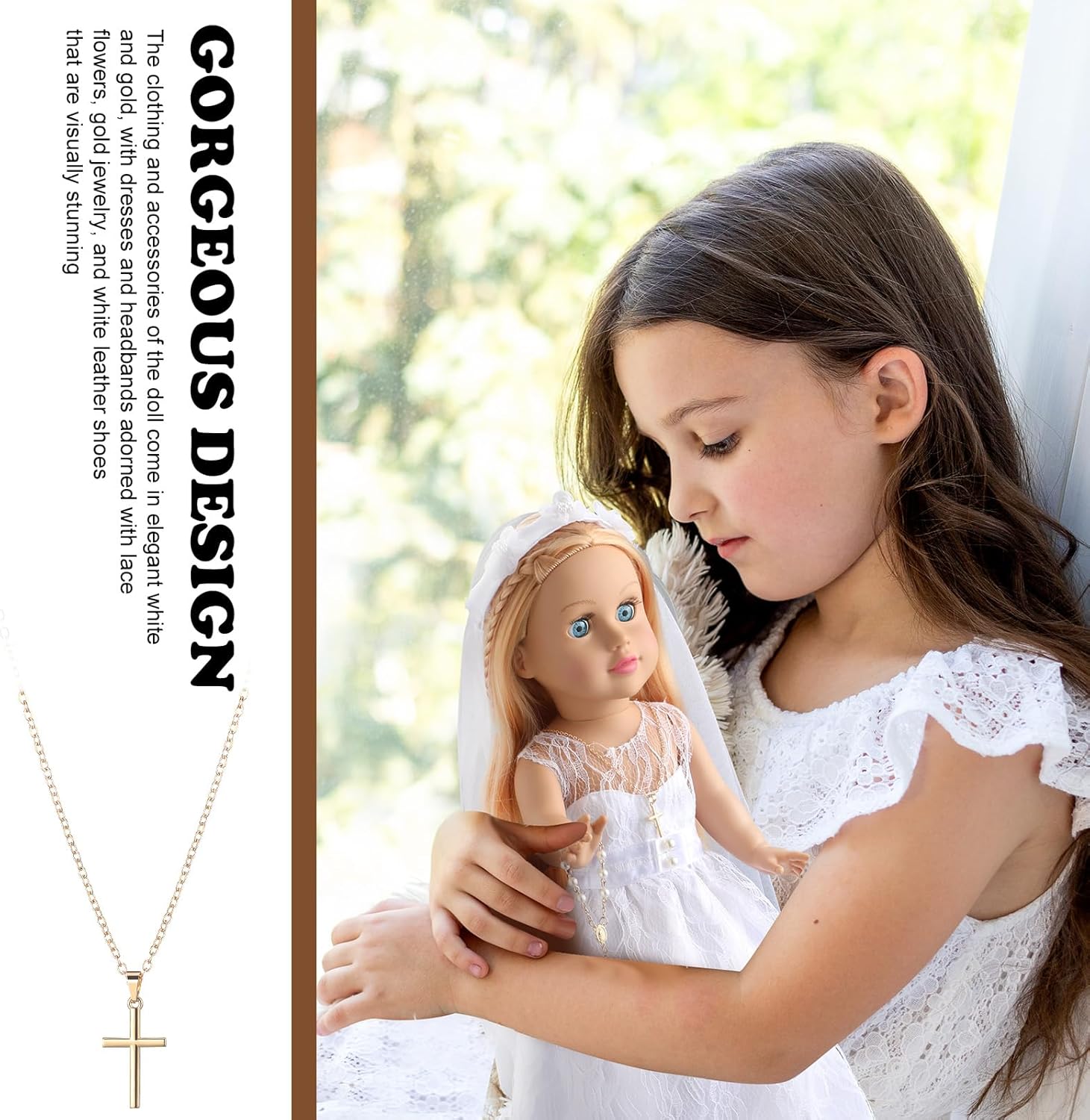 RoundFunny 7 Pcs 18 Inches American Doll Clothes Outfit First Communion Dress with Matching Headband Veil Bracelet Shoes Socks Necklaces Fit 18 Inches Dolls, Doll Not Included (Veil)
