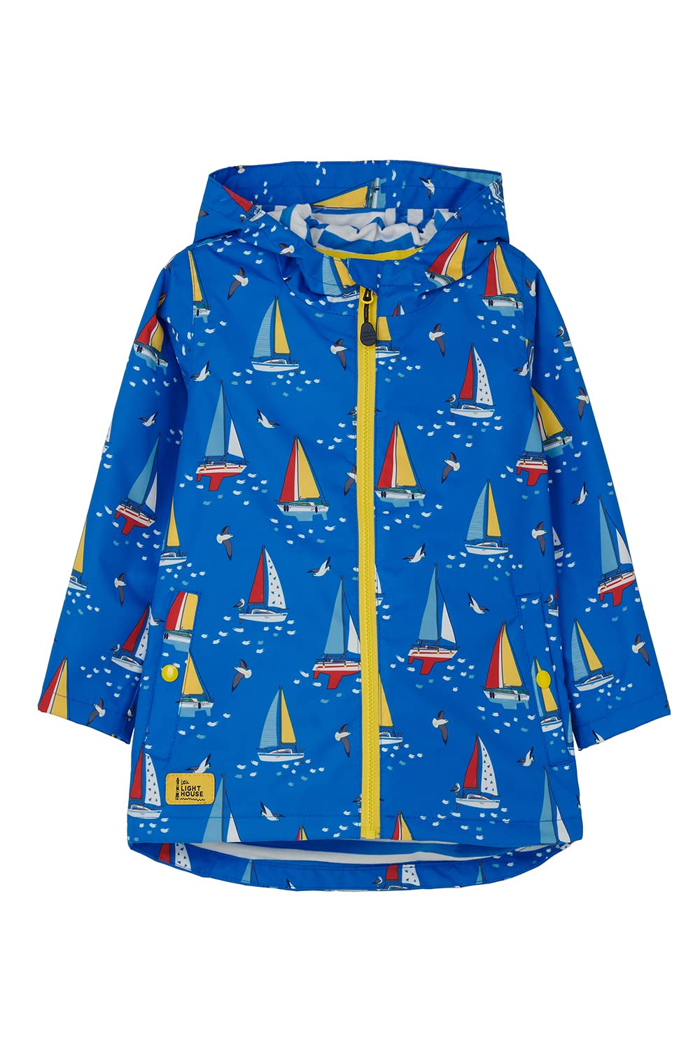 LightHouse Boys Ethan Waterproof Raincoat - Kids Jersey Lined Windproof Spring Summer Outdoor Coat With Hood - Blue Boat Print - 6-7years