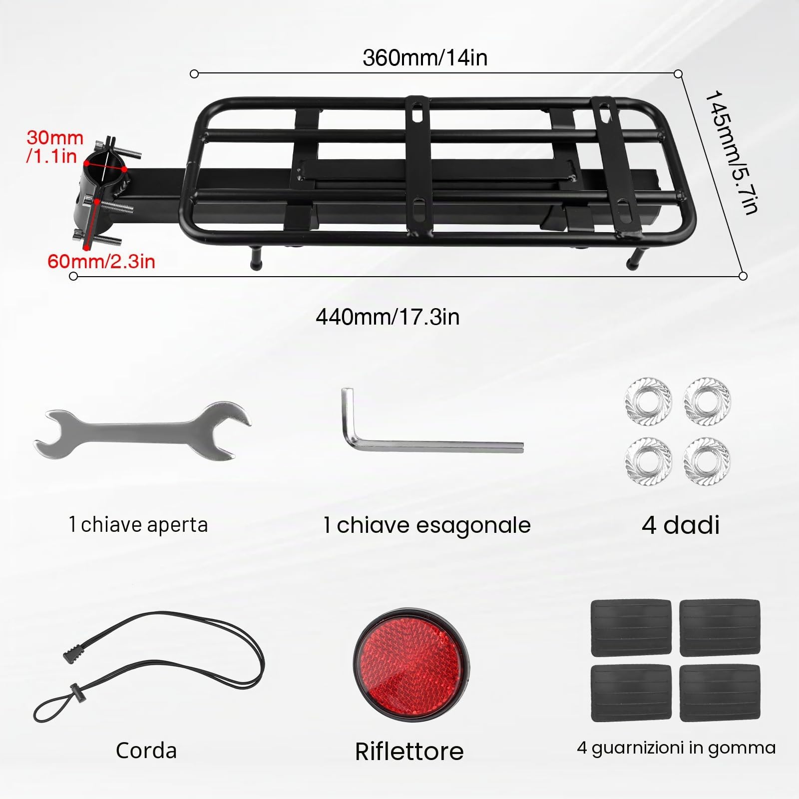 MEGHNA Portapacchi universale per bicicletta posteriore, portata 30 kg, regolabile per ruote da 20 – 29 pollici, robusto portapacchi in alluminio, facile da montare con attrezzi