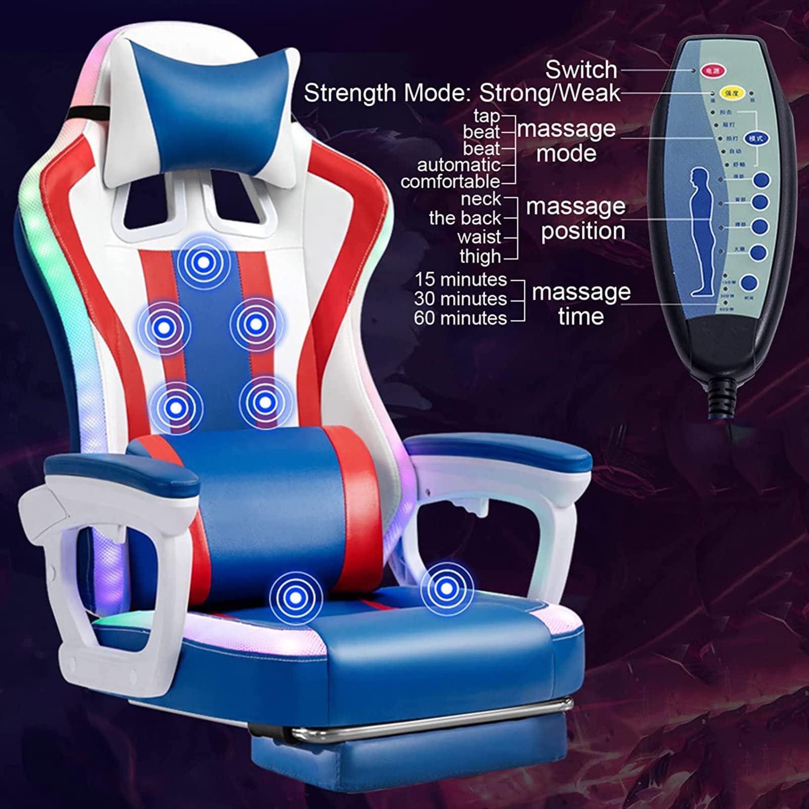 Żółte krzesło gamingowe z oświetleniem LED, ergonomiczne, 7-punktowe krzesło komputerowe dla dorosłych i nastolatków, wyścigowe krzesło do gier wideo