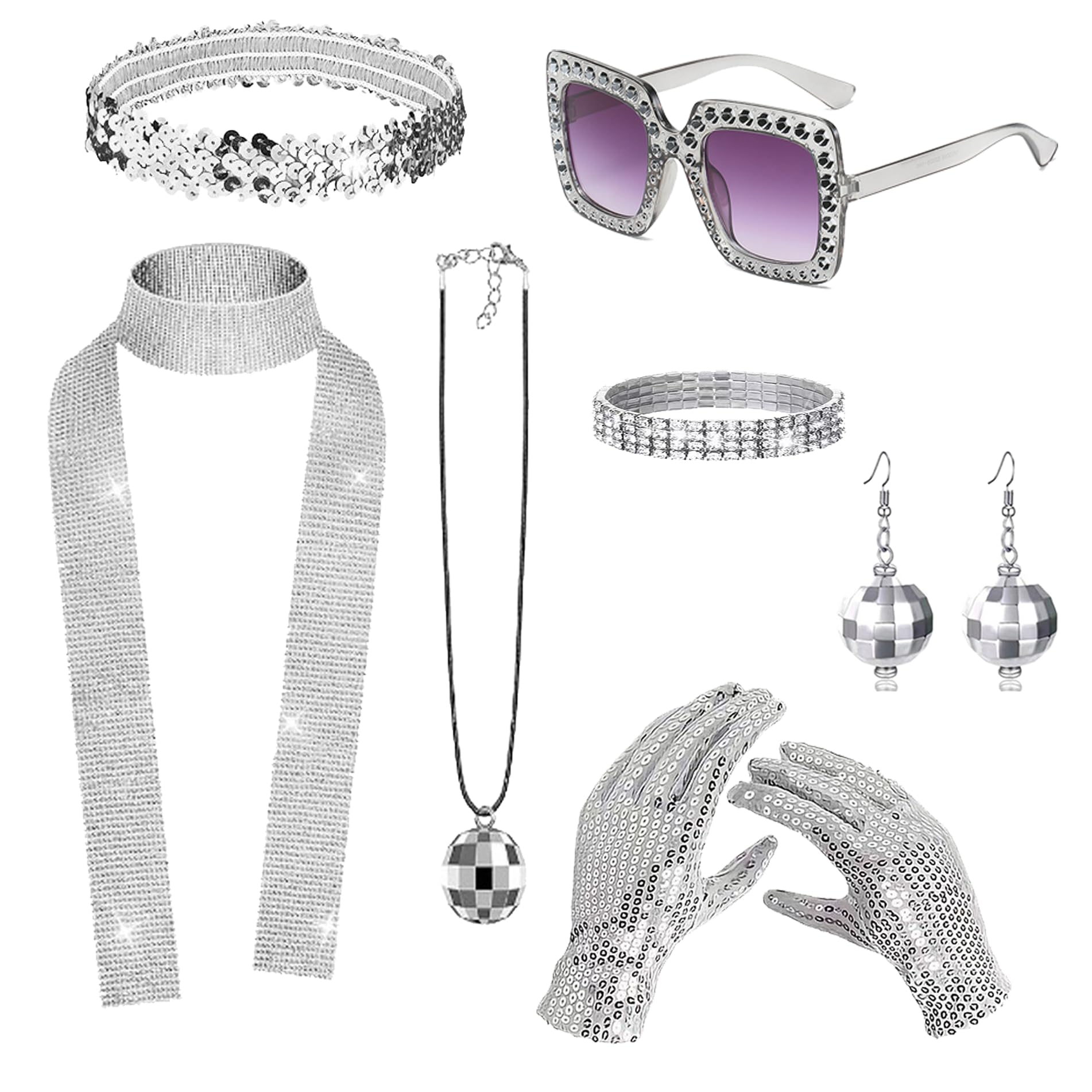 6pcs 70s Disco Accessories Set - Disco Outfits for Women with Glasses, Earrings, Gloves, Bracelet, Headband & Sequin Shawl
