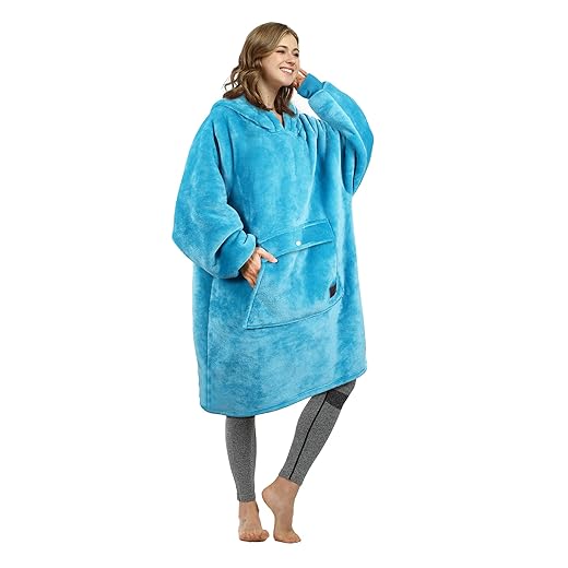 Catalonia Oversized Wearable Blanket Hoodie Sweatshirt, Comfortable Sherpa Lounging Pullover for Adults Men Women Teenagers Wife Girlfriend Gift Sea Blue