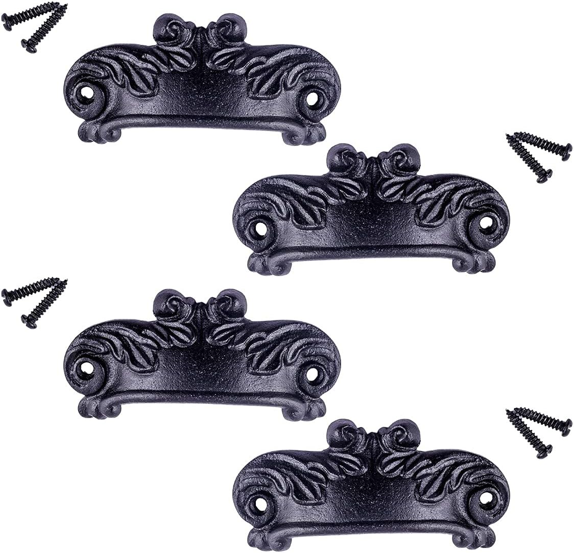 Renovators Supply Manufacturing Cabinet Pulls 4 in. Black Wrought Iron Drawer Cup Bin Pulls with Mounting Hardware Pack of 4