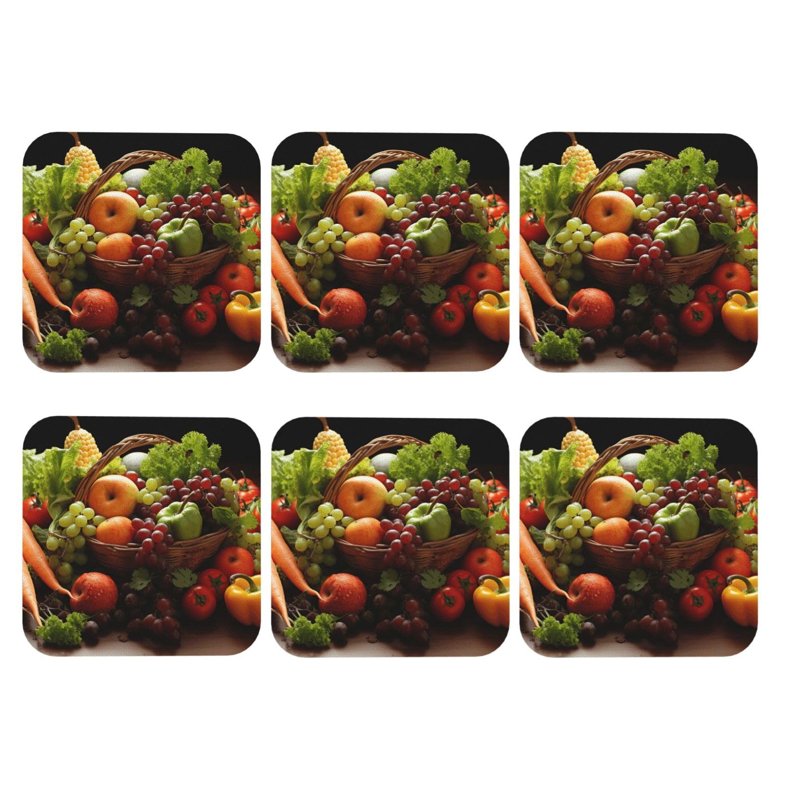 6Pcs PU Leather Coaster for Drinks, Colorful Various Vegetables Cup Coastersr 4" Cup Mat Pad, Aesthetic Drink Coasters for Coffee Table, Square Coaster for Tabletop Protection