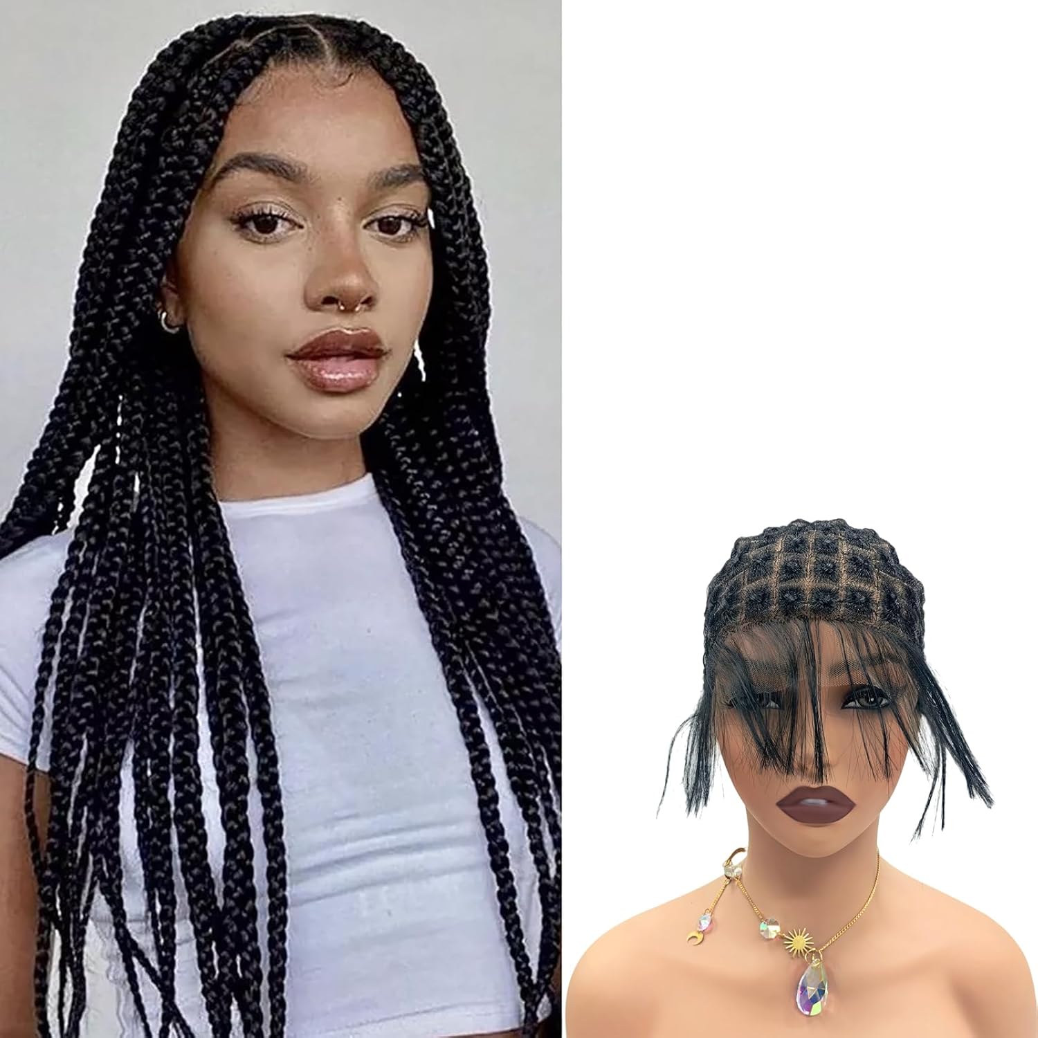 Embroidery Full Double Lace Braided Wig Cap For Making Wig With Adjustable Strap Weaving Cap Hair Square Base 120 Knot (wig cap with bangs)