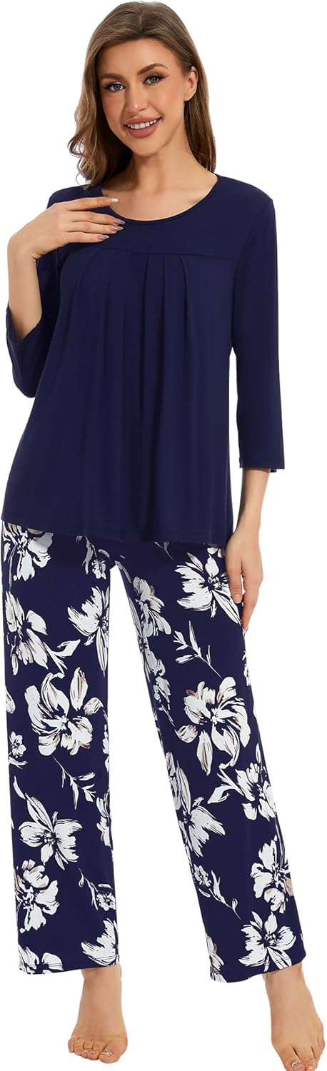 WiWi Pajamas Set for Women Super Soft 3/4 Sleeve Tops and Pants Pajama Sets Cooling Viscose Bamboo Pjs with Pockets S-XXL - Image 4