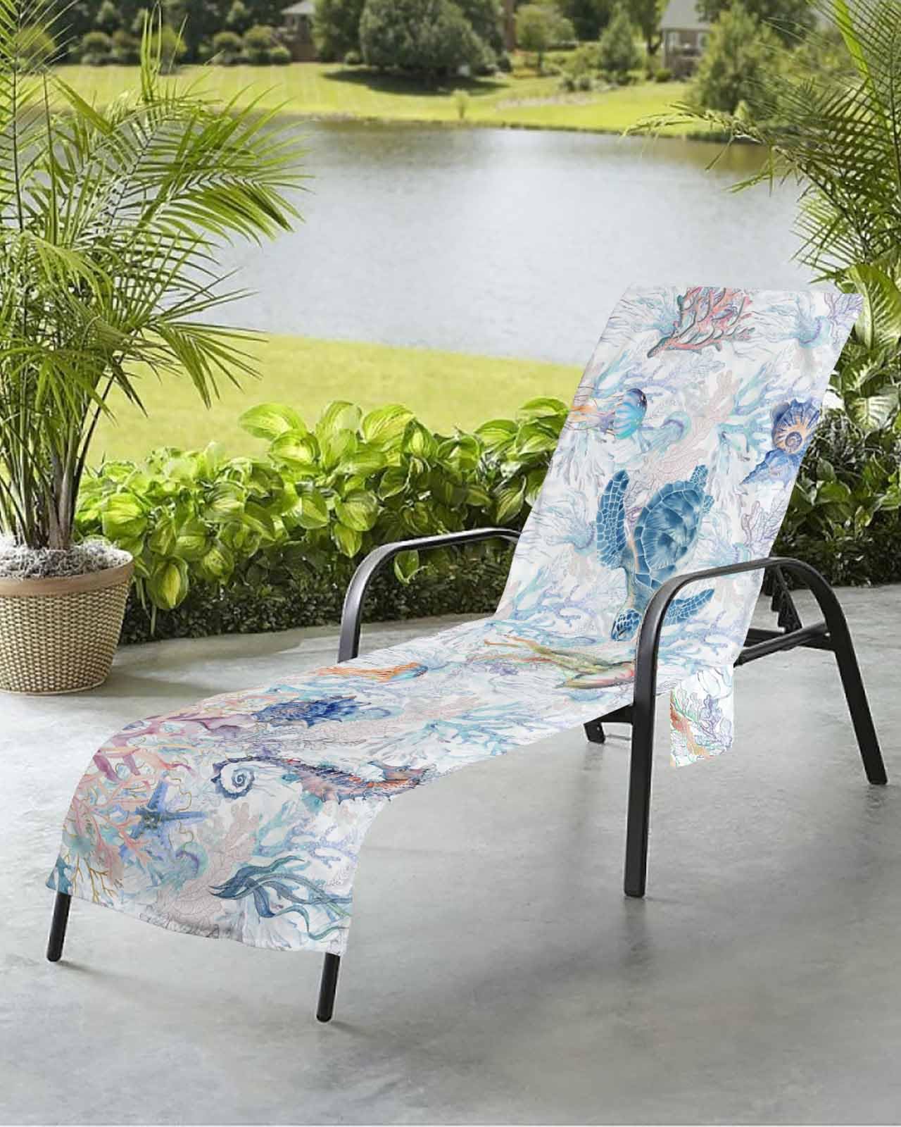 Blue Coastal Turtle Beach Chair Towel Covers for Chaise Lounge with Side Pocket, Soft Plush Pool Towels Cover for Patio Sunbathing Outdoor 29''x85'' Coral Jellyfish Sea Horse Conch