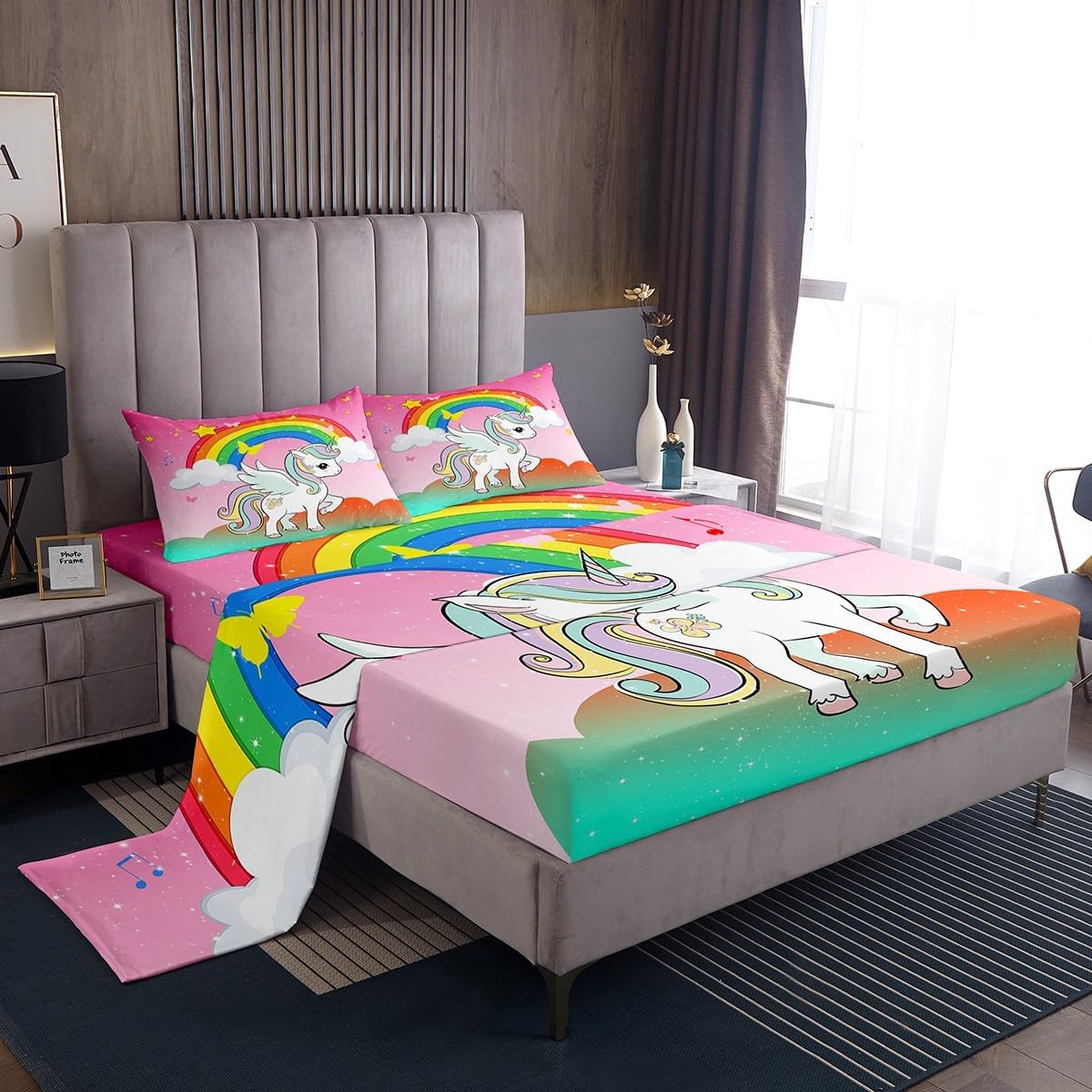 Mount Fuji Sheet Sets Japanese Style Koi Fish Bed Sheet Ukiyo-E Theme Fitted Sheet Mountain Cherry Blossom Red Sun Ink Painting Top Sheet 3 Pieces with 1 Pillow Case, Twin Size Black White