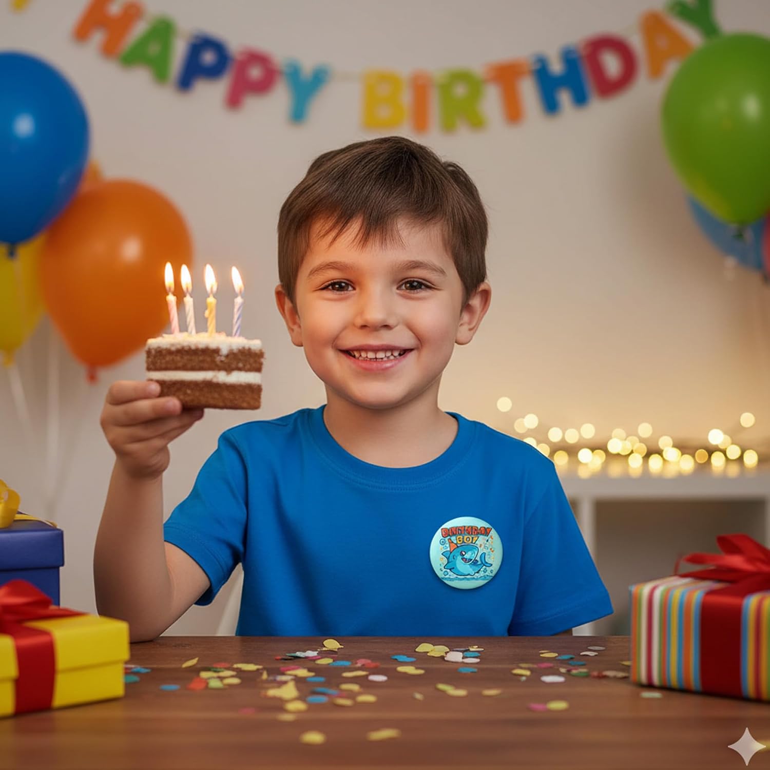 Birthday Boy Pin – Cute Shark Happy Birthday Button Badge, Ocean Theme Party Decor for Pool Party, Beach Theme & Sea Life Birthday Celebration, Photo Booth Prop & Gift Bag Favor, 2.25 Inch