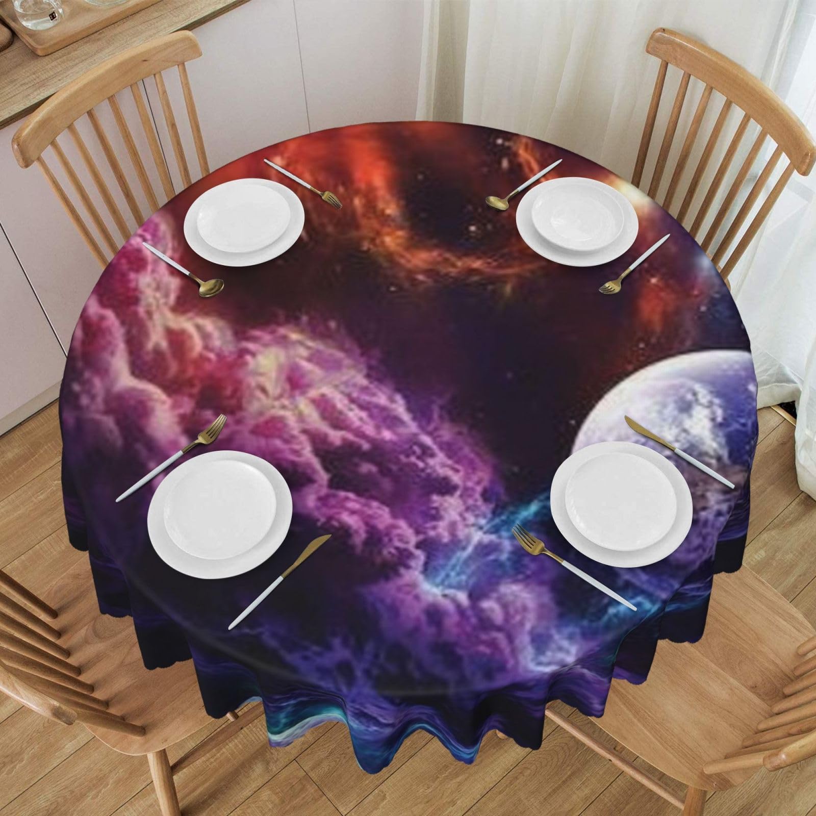 DCEHGEW 60 In Round Tablecloth with Lace, Planet Pattern Printed Oilproof & Washable Fabric Picnic Table Cloth Table Covers