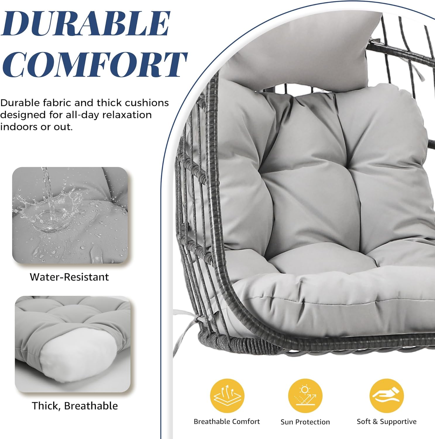 BULEXYARD Outdoor Swing Egg Chair No Stand, Folding Wicker Rattan Ceiling Hanging Patio Chairs, 350 Lbs Sturdy Hammock Basket Seat with Cozy Cushion for Backyard Pergola Living Room, Light Grey
