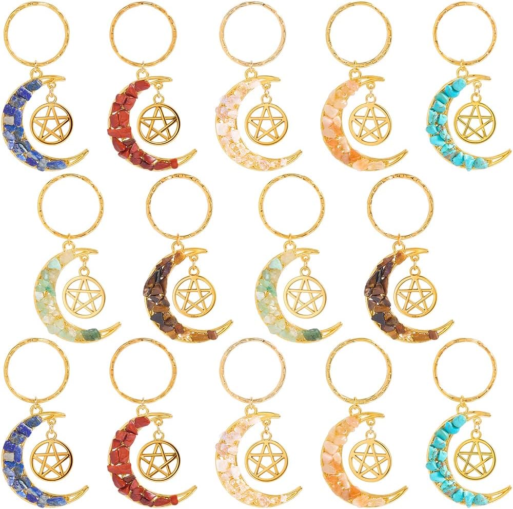 SUNNYCLUE 1 Box 14Pcs Chakra Keychains Bulk Star and Moon Key Chains Set Turquoise Red Jasper Gemstone Chips Hanging Crystal Charms for Handbags Party Wedding Favors DIY Purse Supplies Women Adults