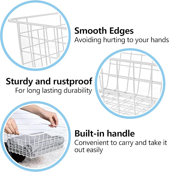 YOUNTHYE 6Pack Wire Baskets, 28x22x11CM White Wire Storage Baskets with Handle, Metal Pantry Storage Freezer Storage Organizer Bins for Shelf, Cabinets, Bathroom, Closets
