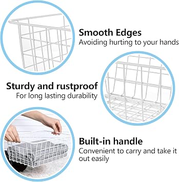 YOUNTHYE 6Pack Wire Baskets, 28x22x11CM White Wire Storage Baskets with Handle, Metal Pantry Storage Freezer Storage Organizer Bins for Shelf, Cabinets, Bathroom, Closets