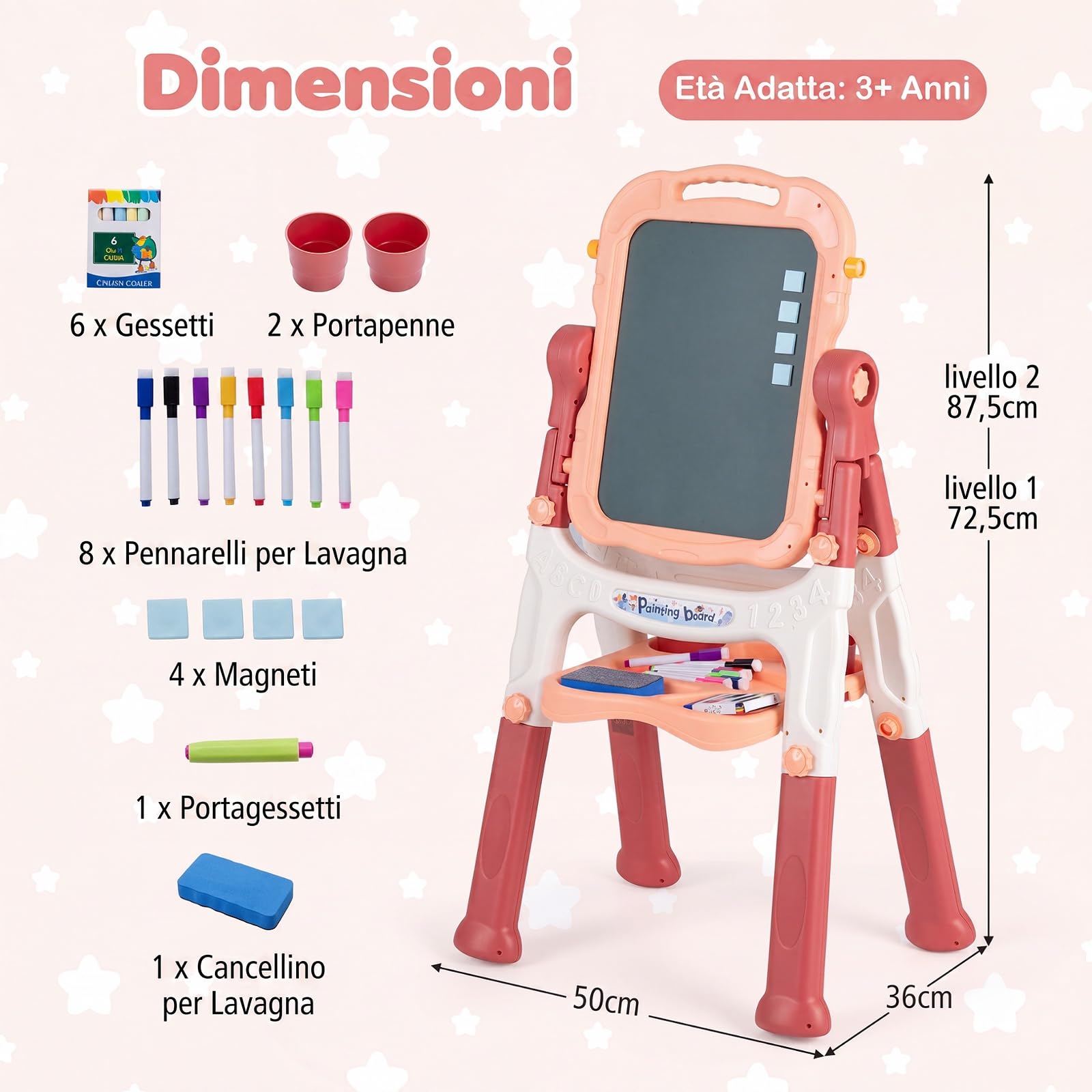 COSTWAY Cavalletto per Bambini, Lavagna Magnetica a Doppia Faccia (Rosa) | 4 in 1 Cavalletto da Disegno Girevole a 360°con Altezza Regolabile, Manico Portatile, 2 Tazze, Gessetti e Pennarelli, 3+ Anni