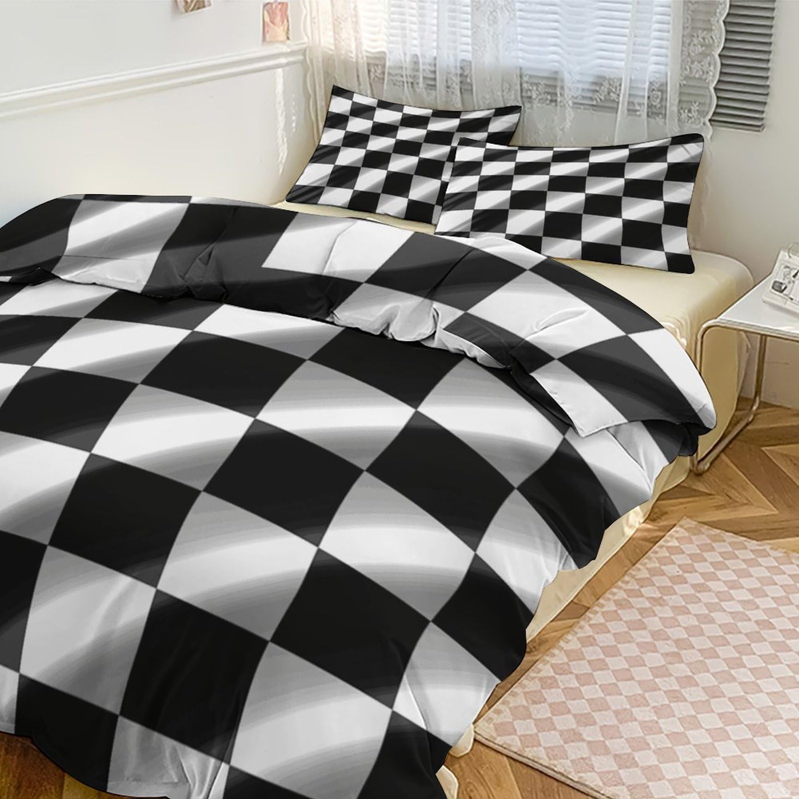Housse de couette ultra douce et respirante grand lit 3 pièces imprimé damier de course