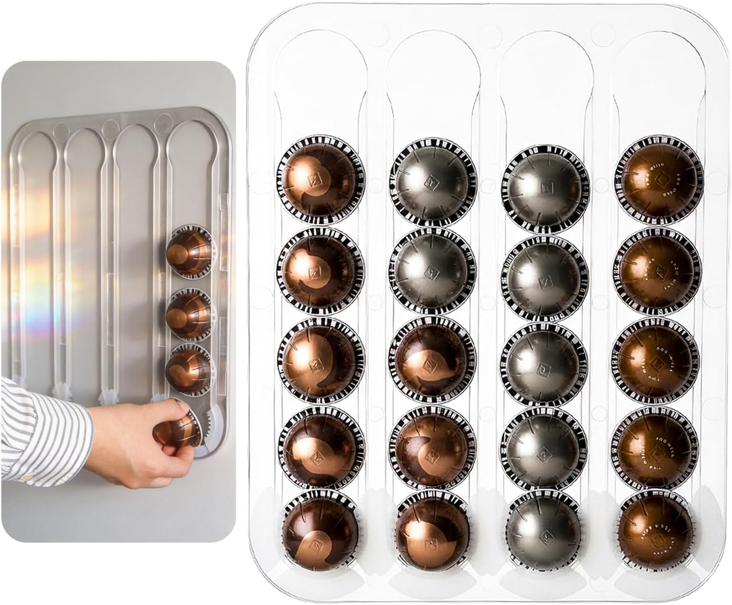 Nespresso Vertuo Pods Holder Wall Mounted, Side Mount Coffee Pod Organizer Storage Rack Holds up to 24 Espresso Capsules in 4 Rails, Clear Acrylic, Save Space, 14.8x11.6x0.25 Inches