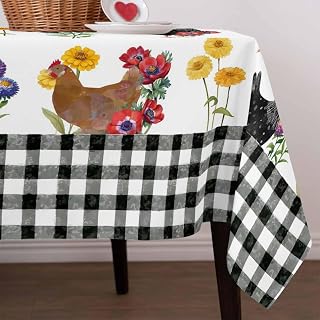 Farm Chicken Waterproof Table Cloth Farmhouse Rooster Colorful Flower Leaf Black Buffalo Plaid Waterproof & Wrinkle Table Cover, Washable Polyester Soft Fabric Table Cloth for Outdoor Indoor Parties