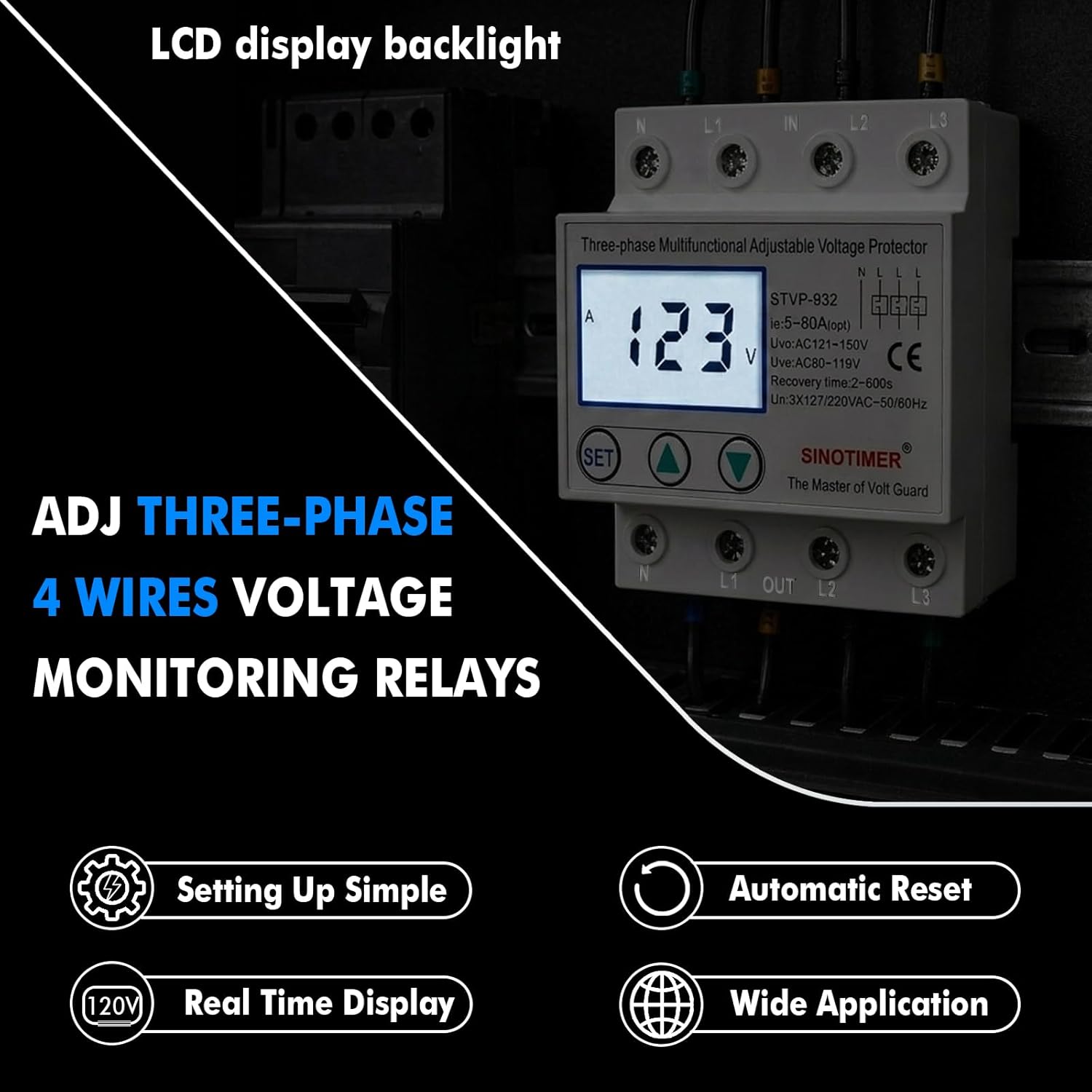 Adjustable 3 Phases 4 Wires Voltage Protector, 220VAC 60Hz 80A Load, Low Consumption LCD Self-Recovery Over and Under Voltage Surge Protection Relay (White Backlights)