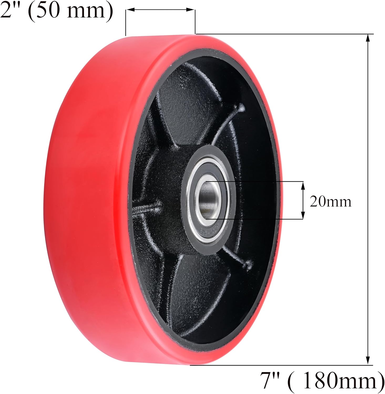 A Pair of Pallet Jack Steering Wheels Set 7 x 2" (180 x 50mm) Poly Tread Red color,with Bearings pre-installed, includes Axle, Fasteners by JackCraft