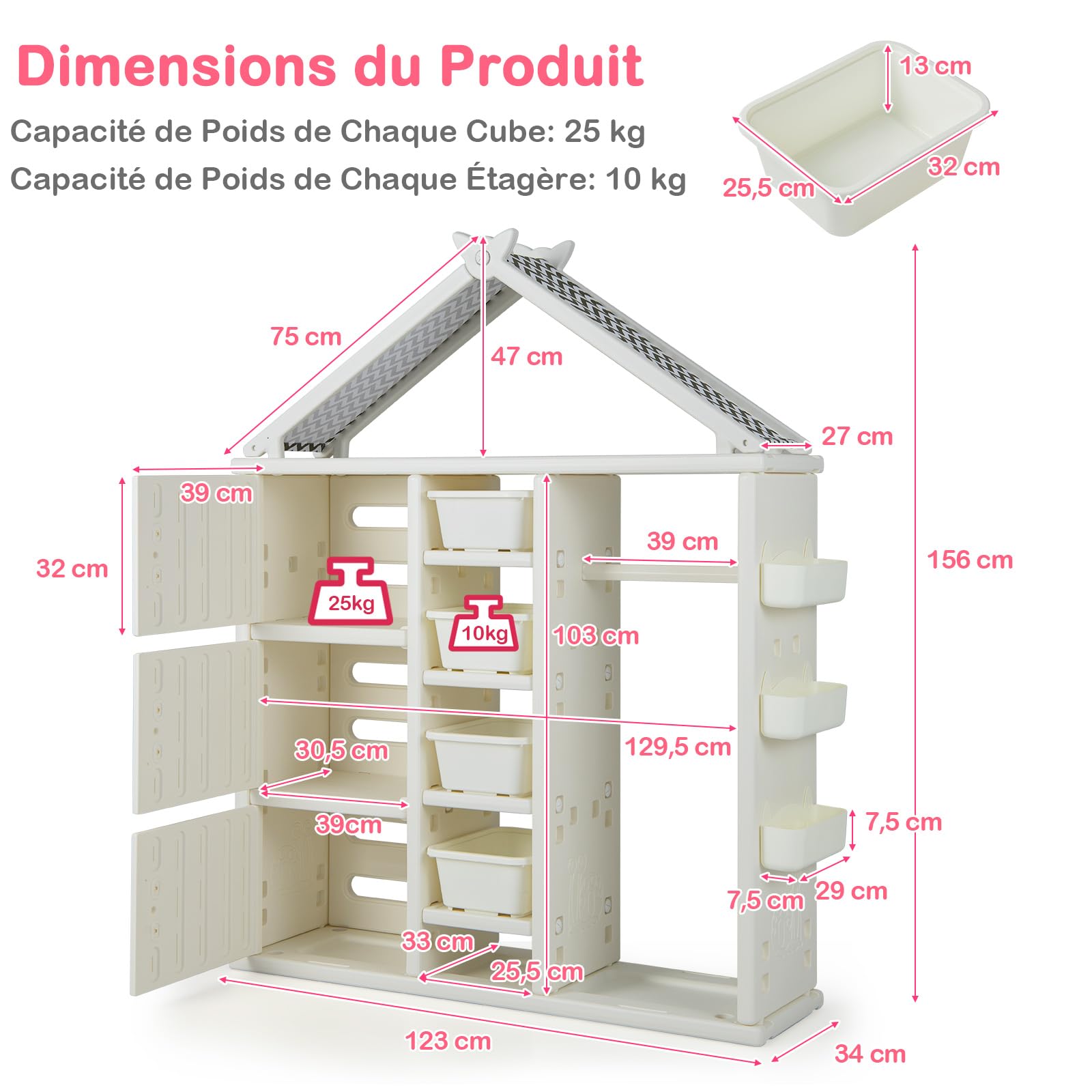COSTWAY Armoire à Vêtements Enfant en HDPE avec Tige de Suspension & 5 Étagères & 3 Cubes, Portant à Vêtements Enfant avec Panier Ajustable, Grande Capacité, Organisateur pour 3 Ans+, 123x34x156cm