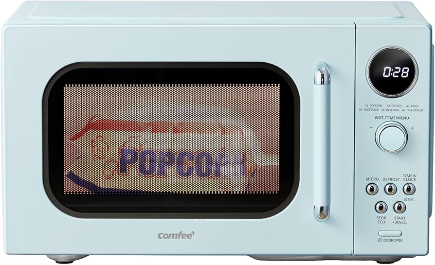 COMFEE Retro Ovens, Small 6 Auto Menus, 0.9 cu.ft Countertop Compact Microwaves with Multi-Stage Cooking, Mute Function, LED Digital, Green/900W, CMO-MMP02AA(GN), Green