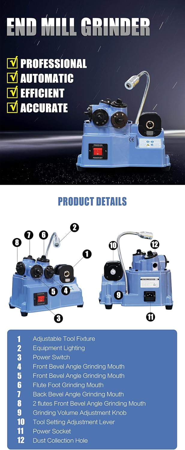 US STOCK End Mill Grinder Sharpener Grinding Machine for Φ2-Φ20 End Mills with 2/3/4 Flutes