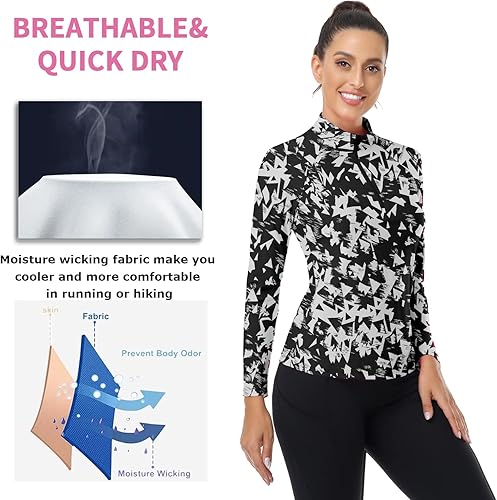 Miniatura 3 de WOWENY Camisetas deportivas de manga larga para mujer con cremallera de un cuarto cuello con estampado camiseta de tenis