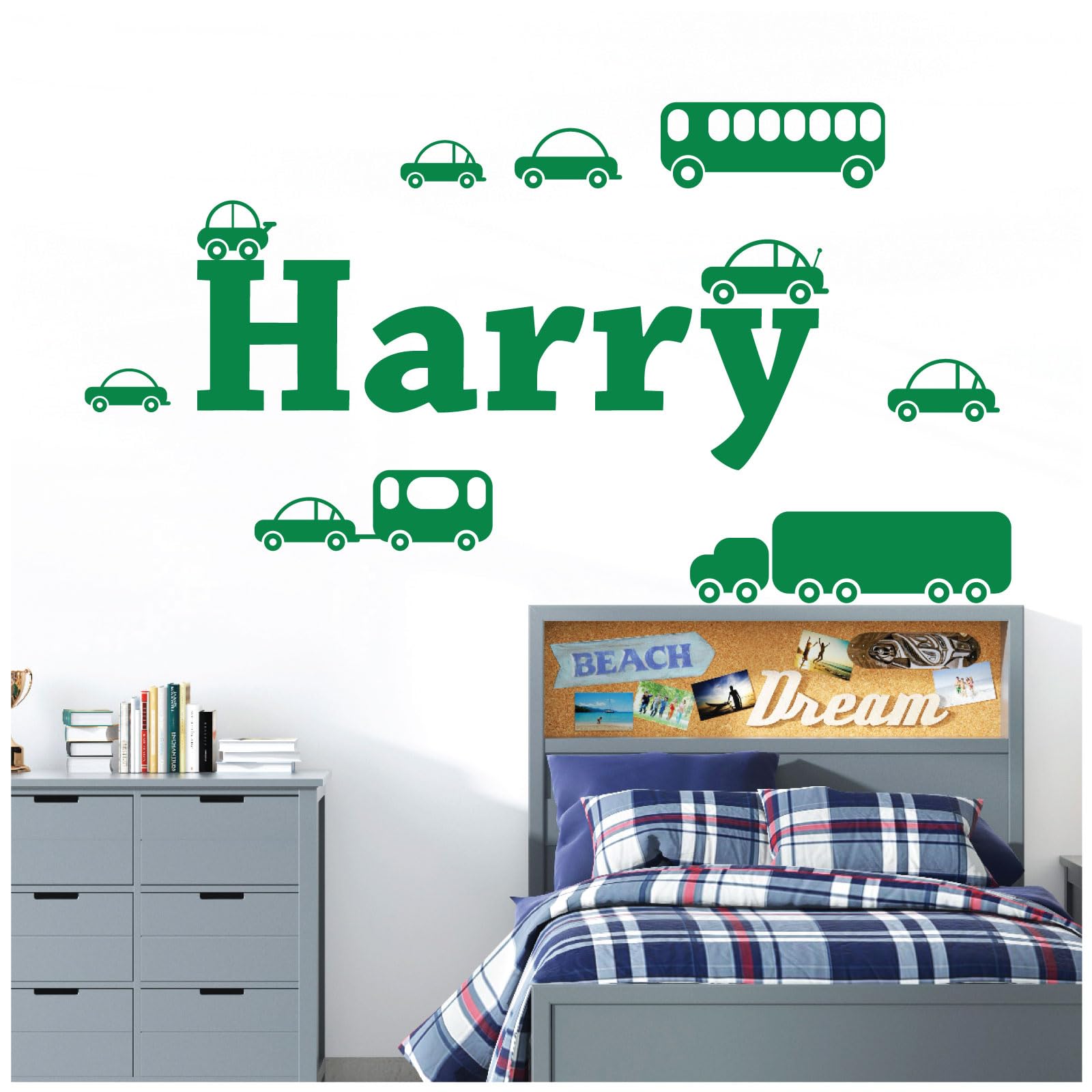 Personalised Name Boys Wall Art Sticker - Cartoon Trucks, Cars, Bus, Caravan, Taxi Set [Medium] [Meadow] — image 1