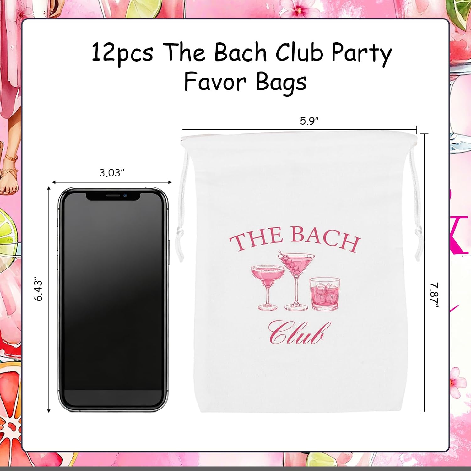 Serencatcher The Bach Club Drawstring Gift Bags 12pcs Pink and Black Cocktail Cotton Bags Pouches 5.9×7.9in for Bachelorette Party Bridal Shower Wedding Favors Hangover Recovery Kit Packaging