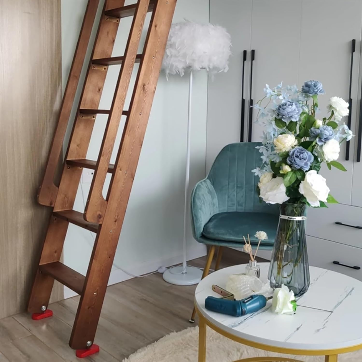 Attic Ladder Brown Wooden Step Ladder, Indoor Emergency Escape Ladders for Garage Loft Egress Window, Heavy Duty Bed Ladder with Handrail Easy to Use(5 Steps 150cm(4.9ft))