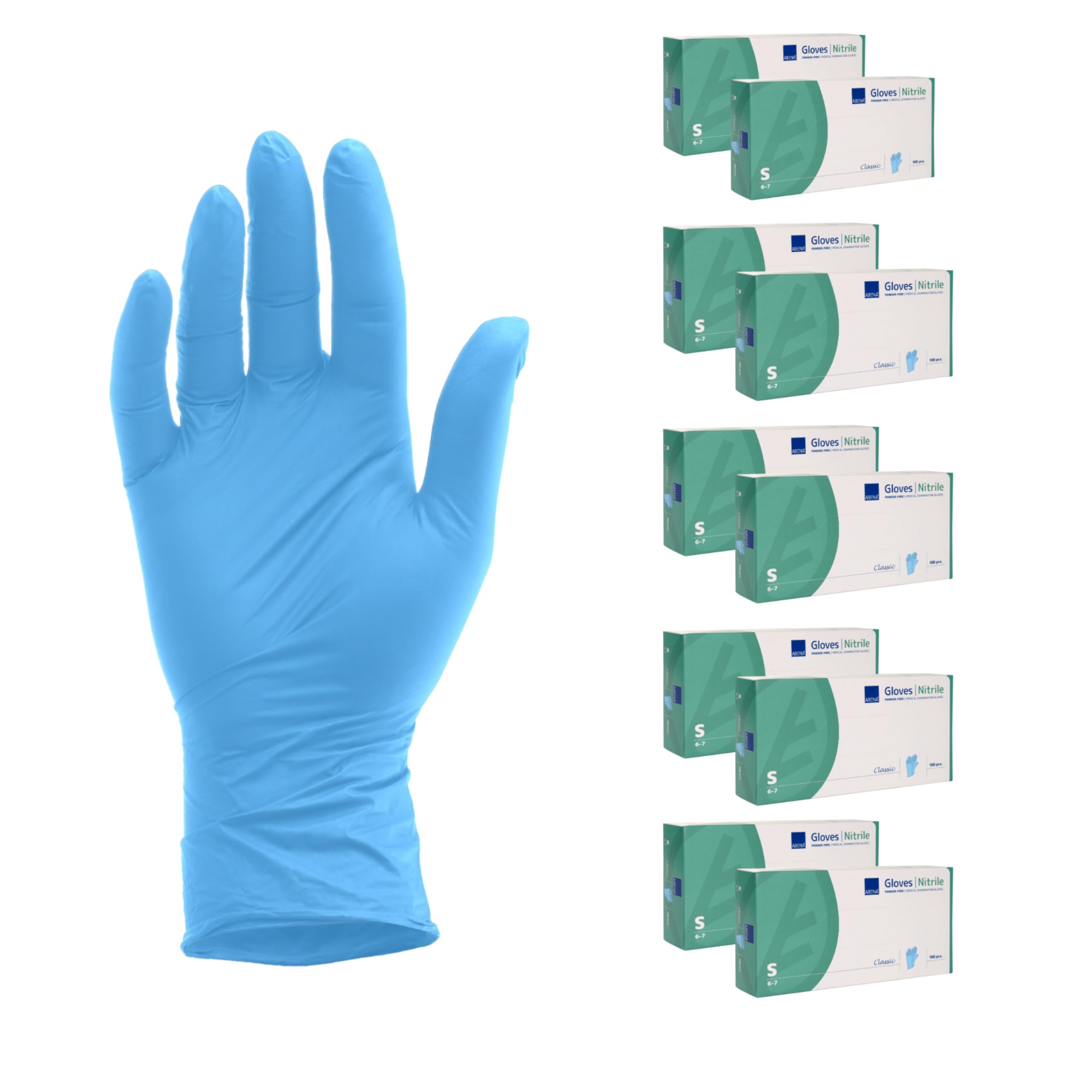 ABENA Guantes desechables de nitrilo, 1000 unidades (10 paquetes de 100 unidades), talla S, aptos para alimentos, resistentes al desgarro, sin látex, sin polvo, guantes higiénicos para limpieza, salón