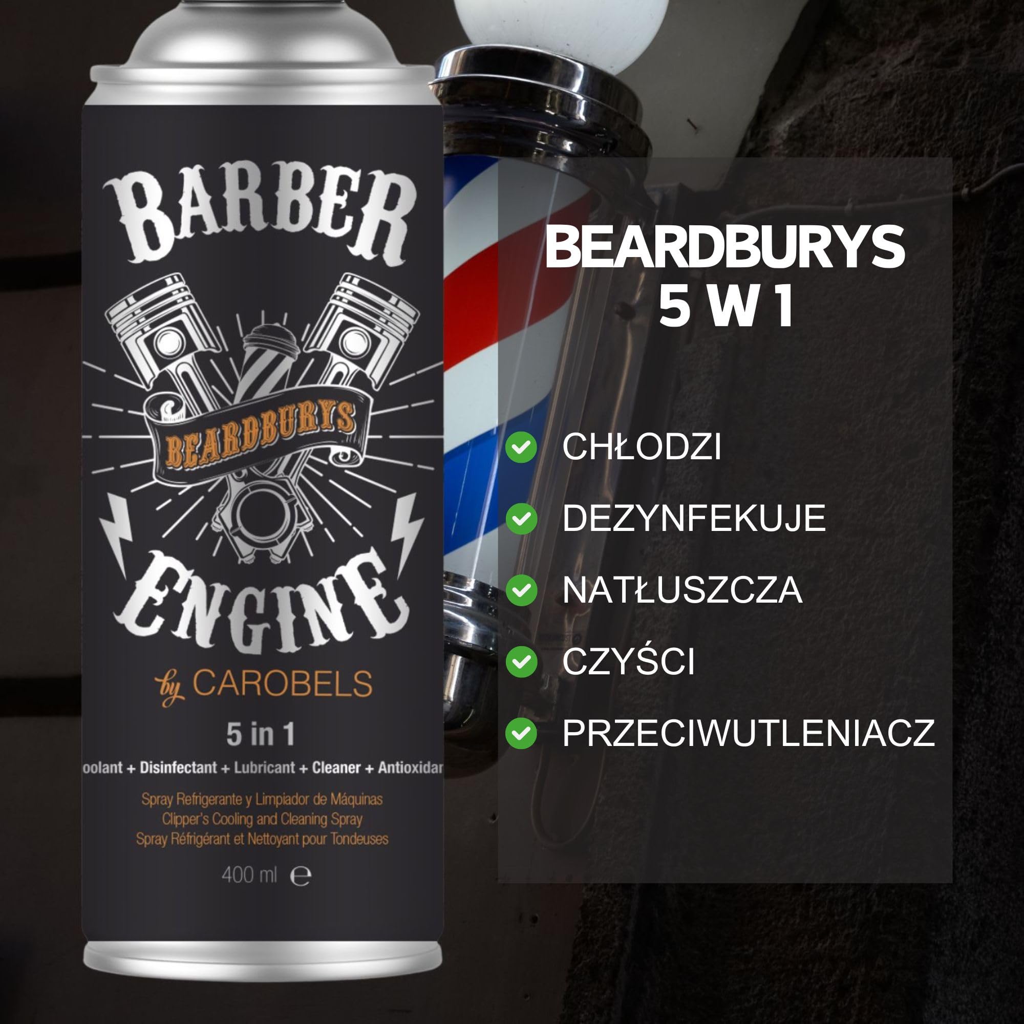 Beardburys Clipper Cleaning Spray 5 w 1 – Profesjonalny spray do pielęgnacji maszynek i trymerów: dezynfekcja, smarowanie, chłodzenie oraz ochrona przed rdzą – Spray higieniczny dla barberów, 400ml