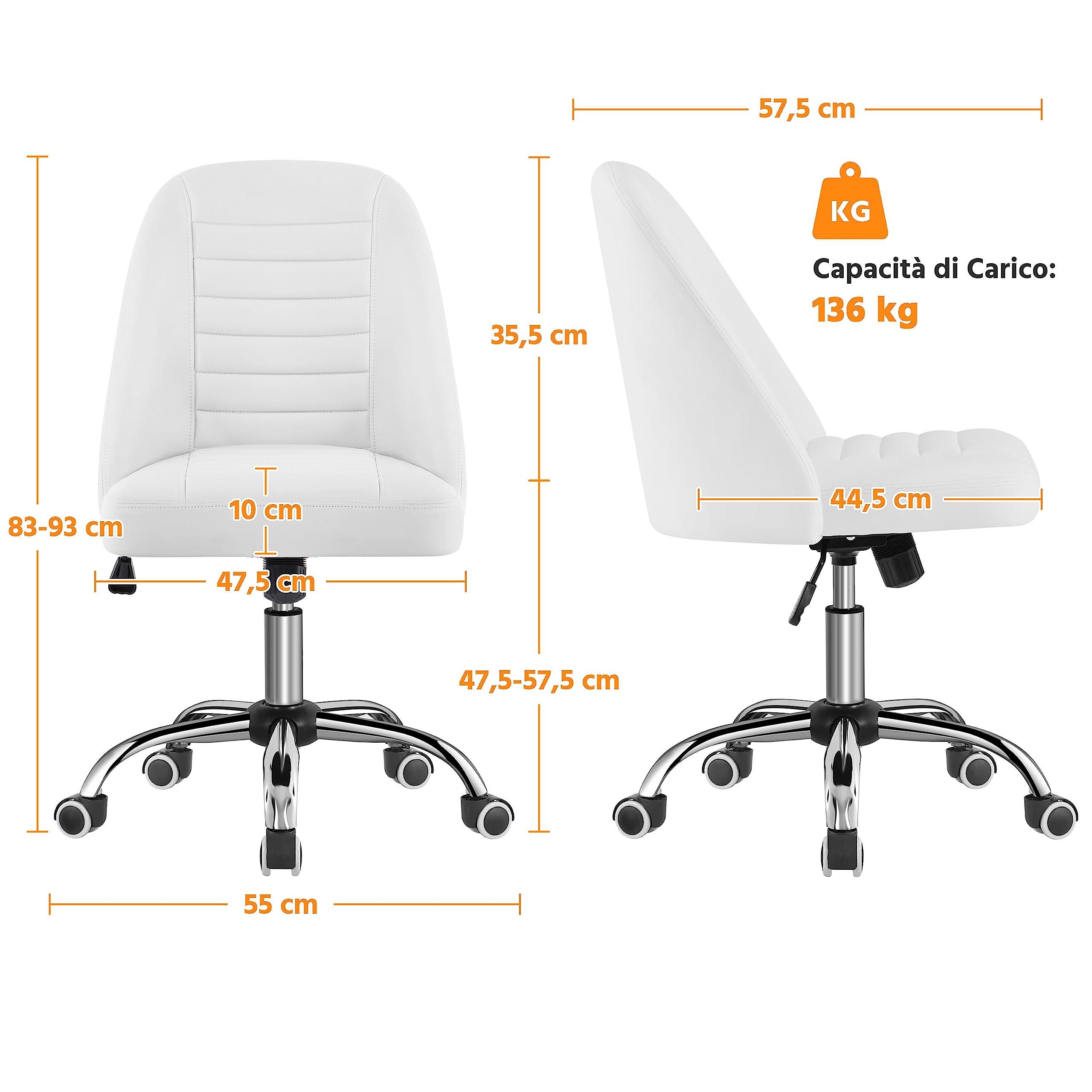 Yaheetech Sedia Ufficio Scrivania Cameretta Bianca Senza Braccioli Ergonomica Reclinabile Imbottita in Finta Pelle con Rotelle Girevole Altezza Regolabile Portata 136 kg