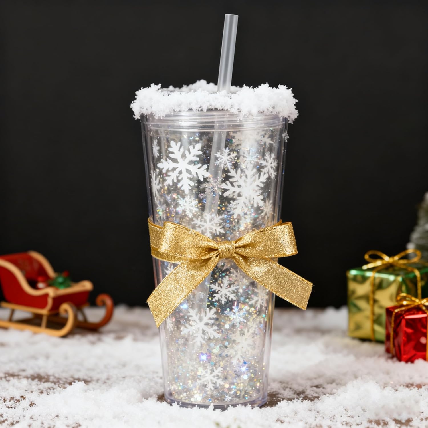 GGQ 24oz SnowGlobe Tumbler,Acrylic Tumblers, 25 Pack Clear Acrylic Snow Globe Tumblers, Pre-Drilled Double Wall DIY Glitter Cups with Straws & Extra Plugs, Perfect for Crafting (Set of 25)