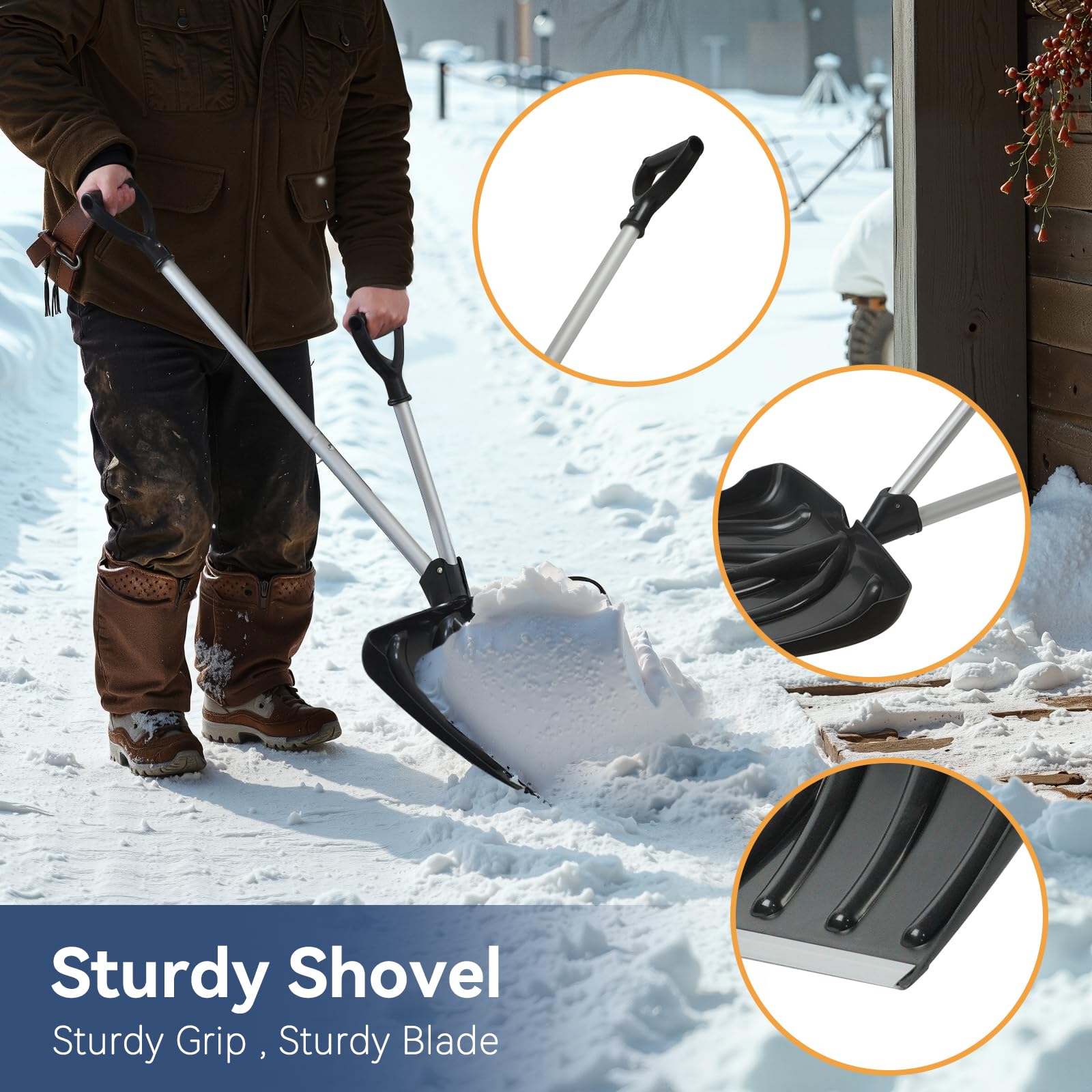 BACOENG Pala para Nieve, Punta de Pala de 450mm, con Manijas Auxiliares en Forma de D-Compatibles con La Ergonomía, Palas de Nieve Metálicas Carriles Jardín