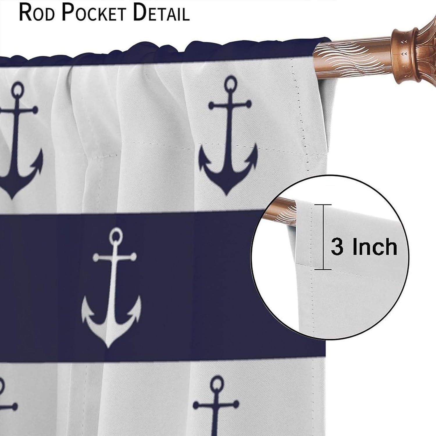 Nautical Curtains,Blue White Stripe Anchors Art Printed Window Treatments for Bedroom Living Room Home Décor Polyester Fabric Drapes 2 Panel Sets Total Size 42" x 63"