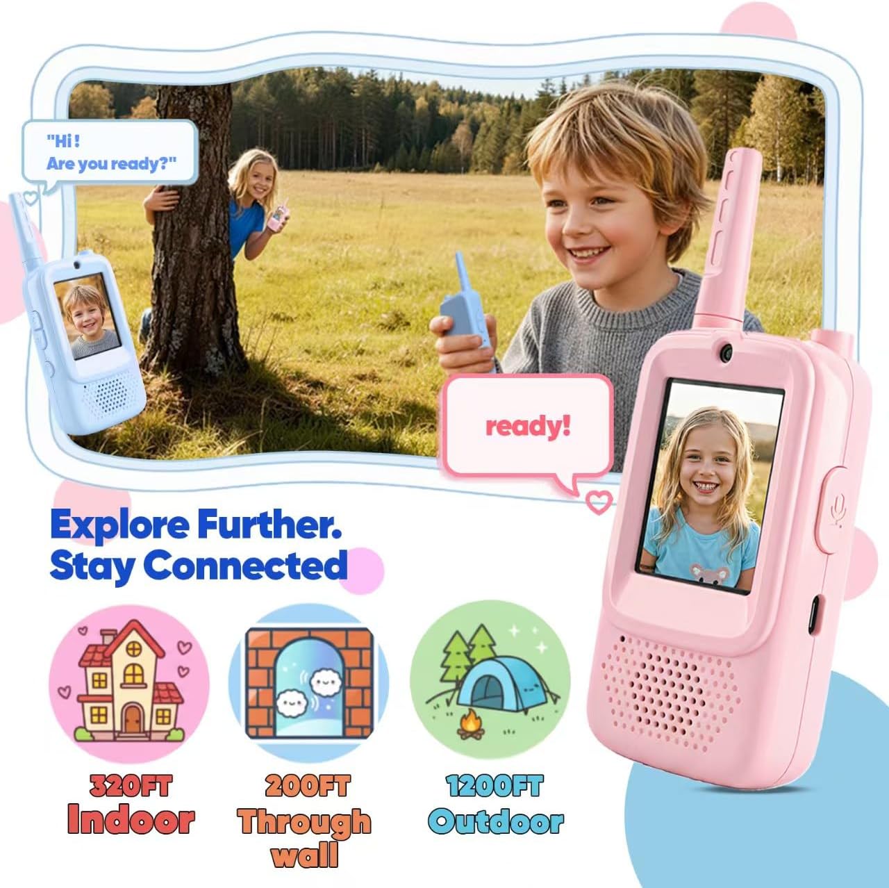 Video Walkie Talkies for Kids, 2 Pack Upgraded Battery Rechargeable Video Intercom with HD Camera Voice Changer, Long Range Gift Toys for Boys Girls Ages 3-12, Outdoor Play, Camping, Travel, Hiking