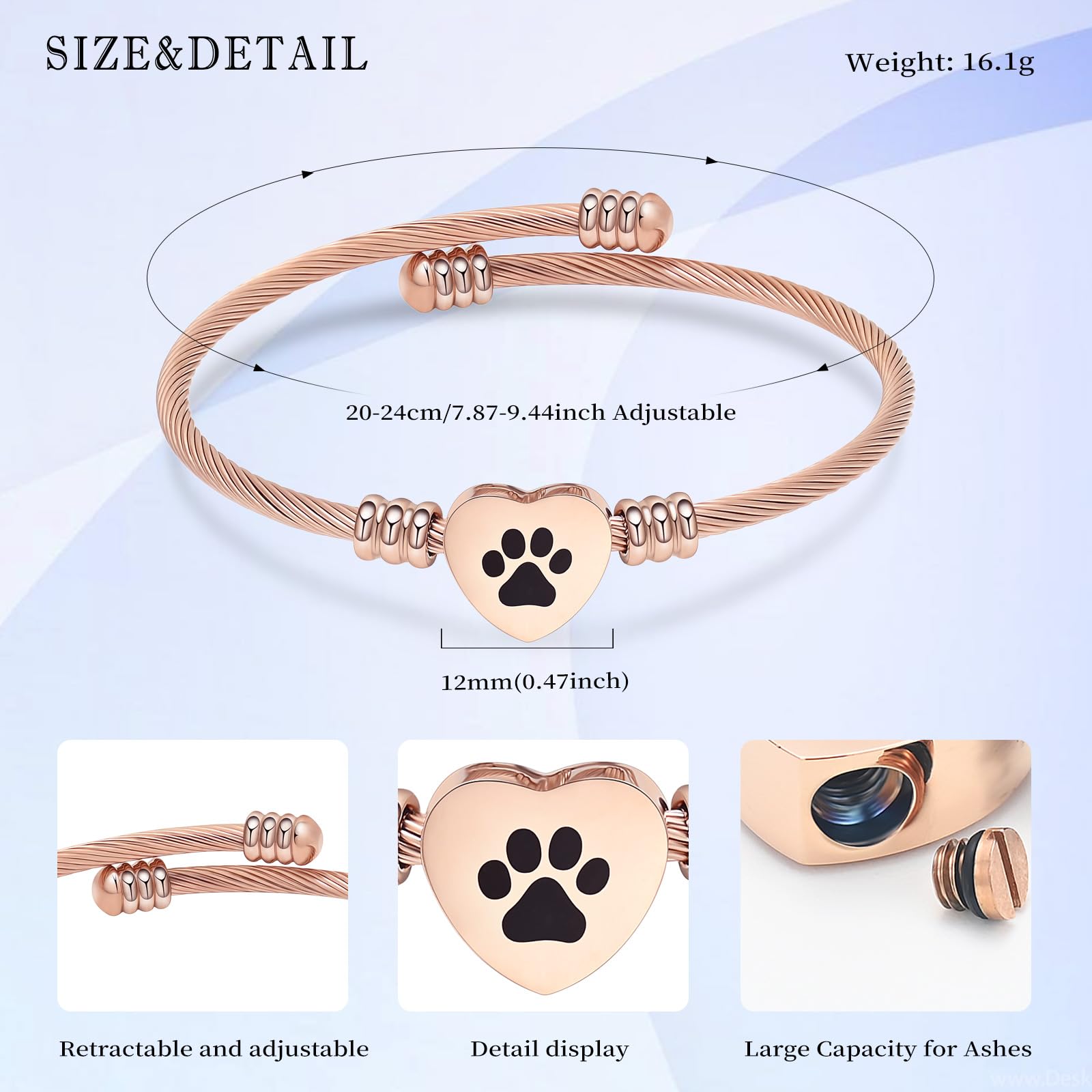 Braccialetto per ceneri, gioiello commemorativo in acciaio inox, a forma di zampa di animale domestico, a forma di cuore, urna con ciondolo a forma di urna per i propri cari, funerali,