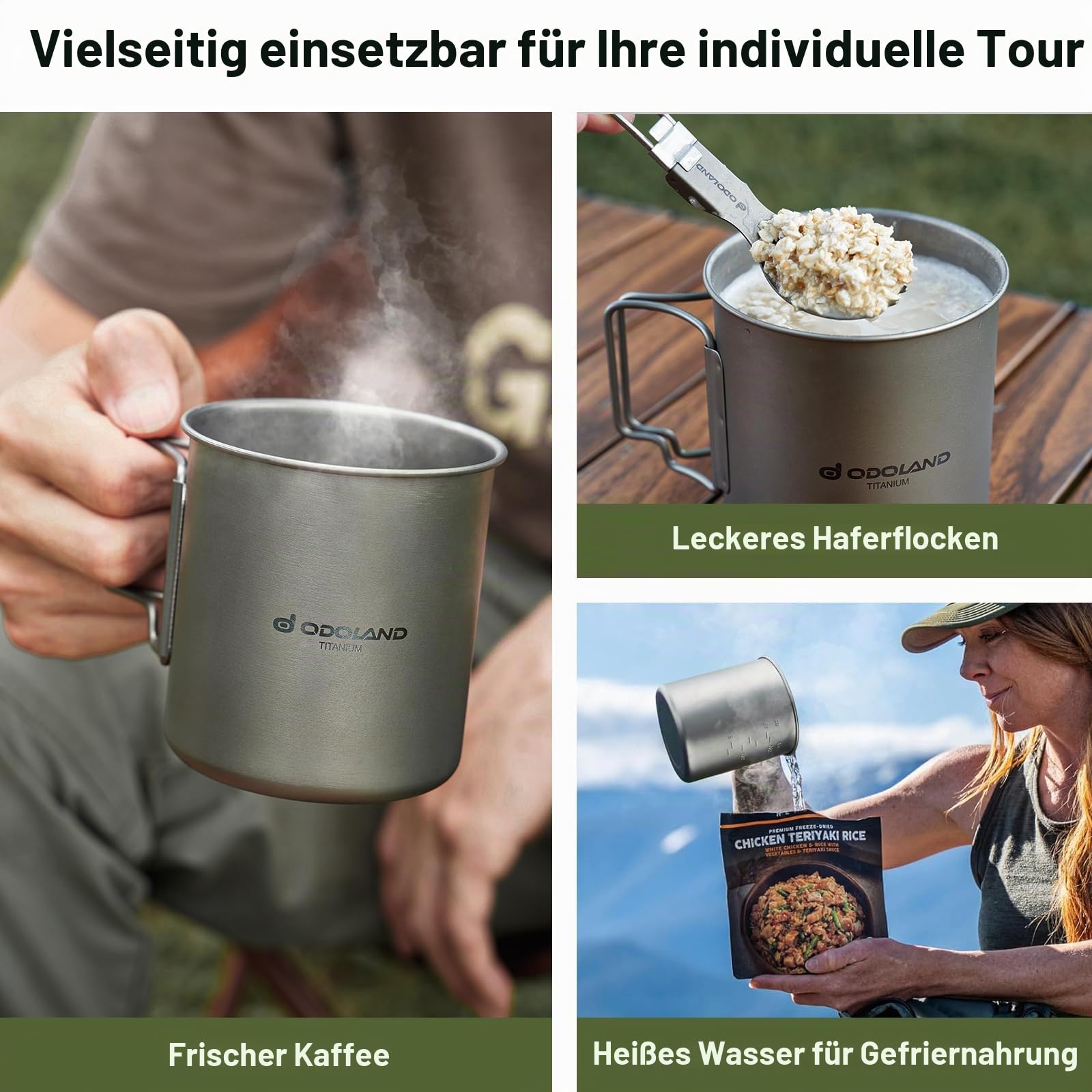 Odoland 750ML und 420ML Titanium Becher, Camping Kaffeetasse mit Deckel und Spork, klappbarer Griff für Camping, Wandern, Reisen