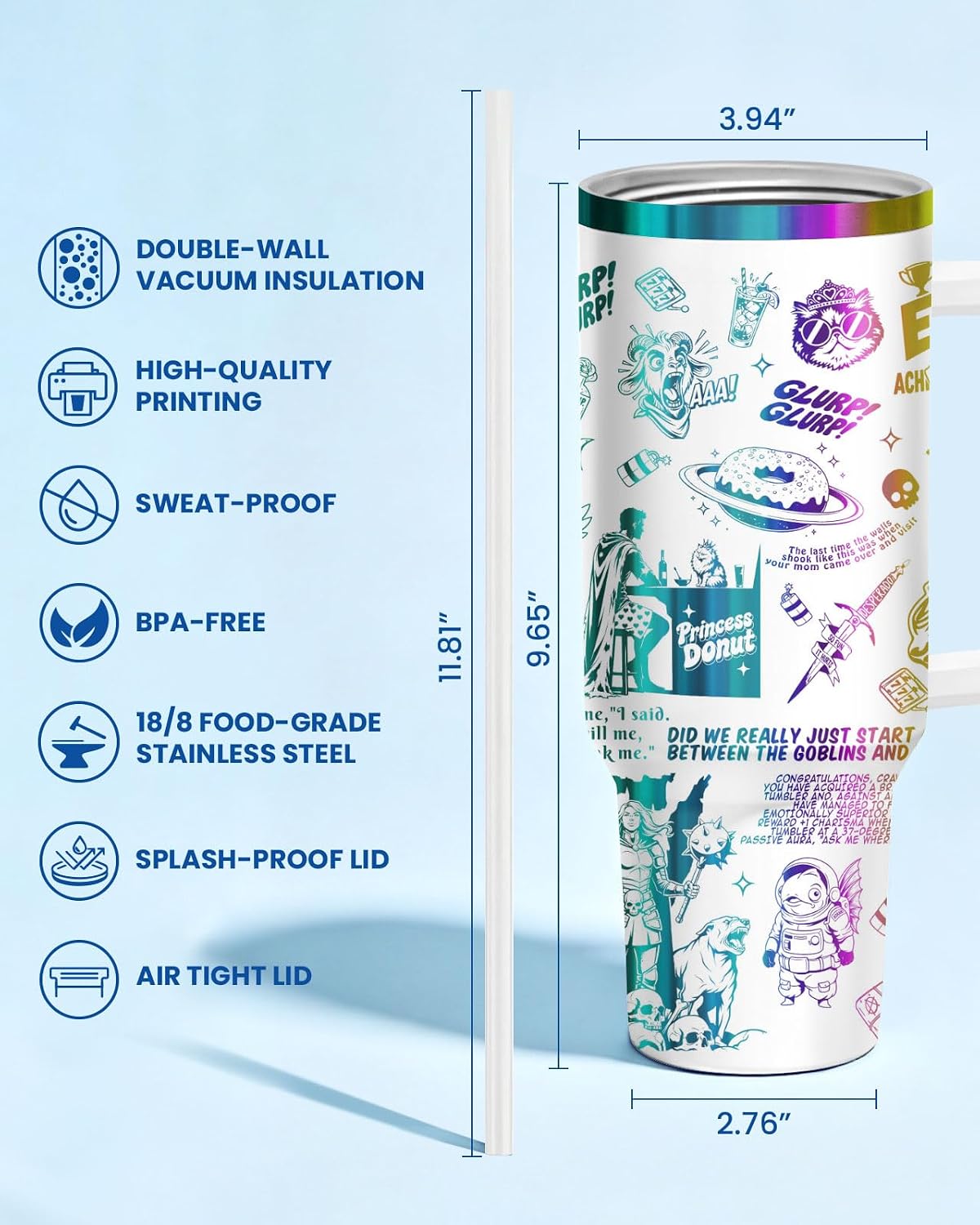 34HD Fantasy Cat On Dinosaur Coffee Mug Tumbler 40 Oz with Handle, Goblin Core Gamer Travel Mug, Princess Donut Style RPG Coffee Cup