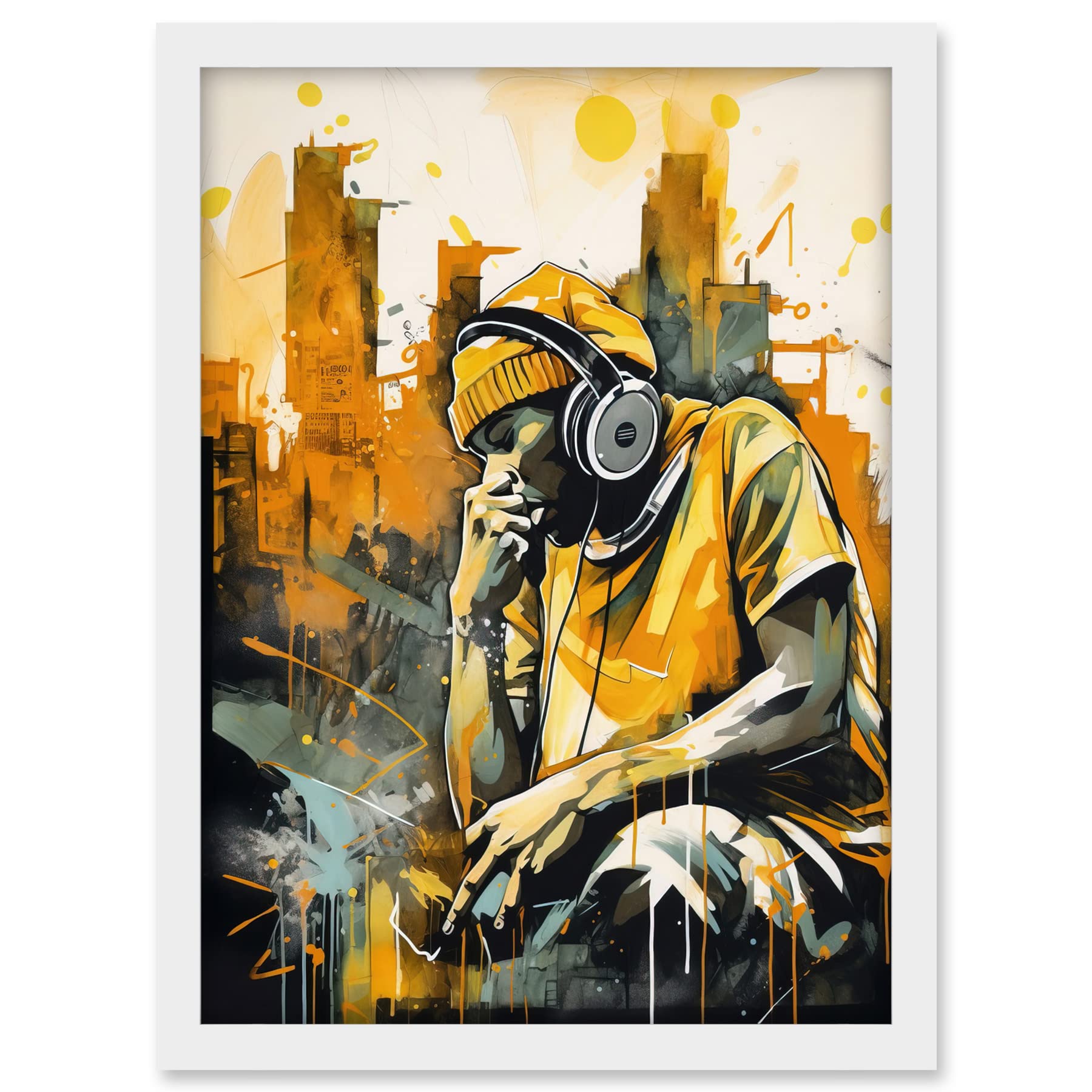 Artery8 Abstract Cityscape Young Man Wearing Headphones Listening to Music Modern Watercolour Illustration Artwork Framed A3 Wall Art Print