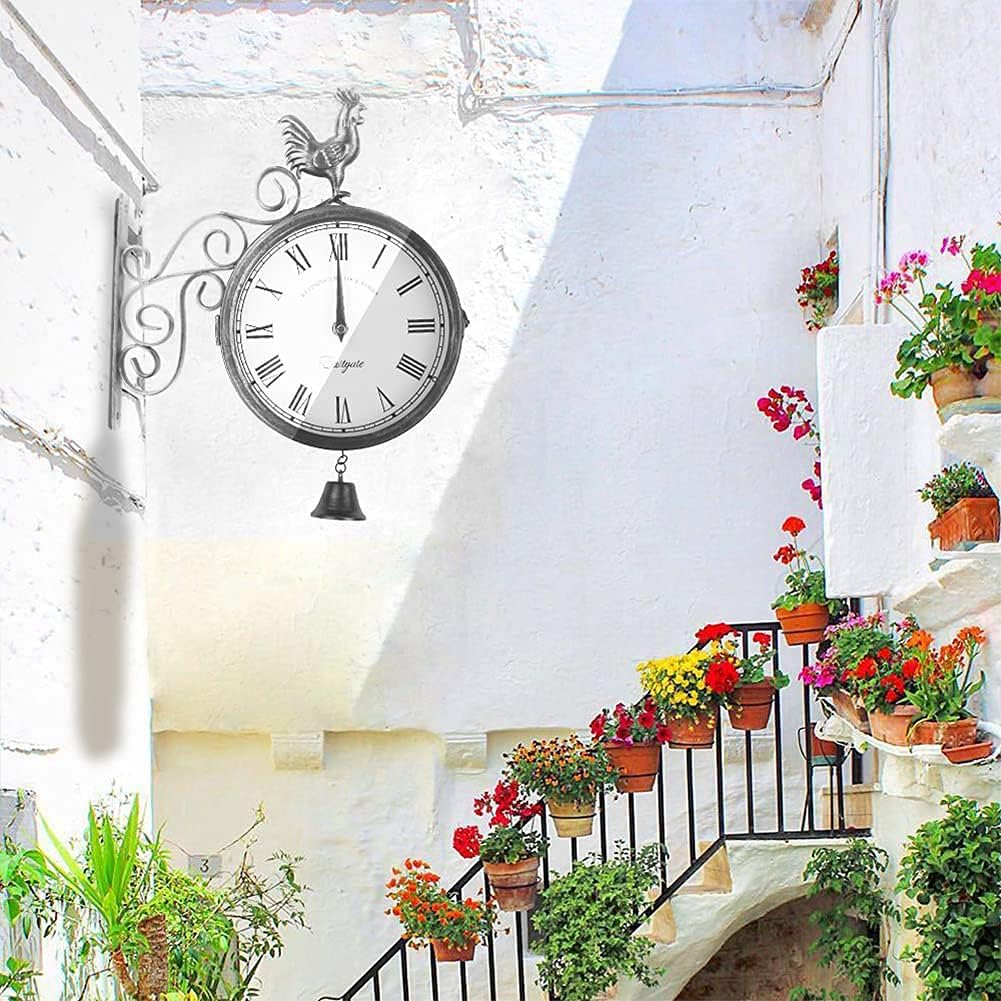 Wall Clock, Garden Retro Clocks Outdoor Double Sided Wall Clock Retro Stand Clock Waterproof Station Wall Clock Vintage Antique Look Bracket Indoor Hanging Decor Clock，