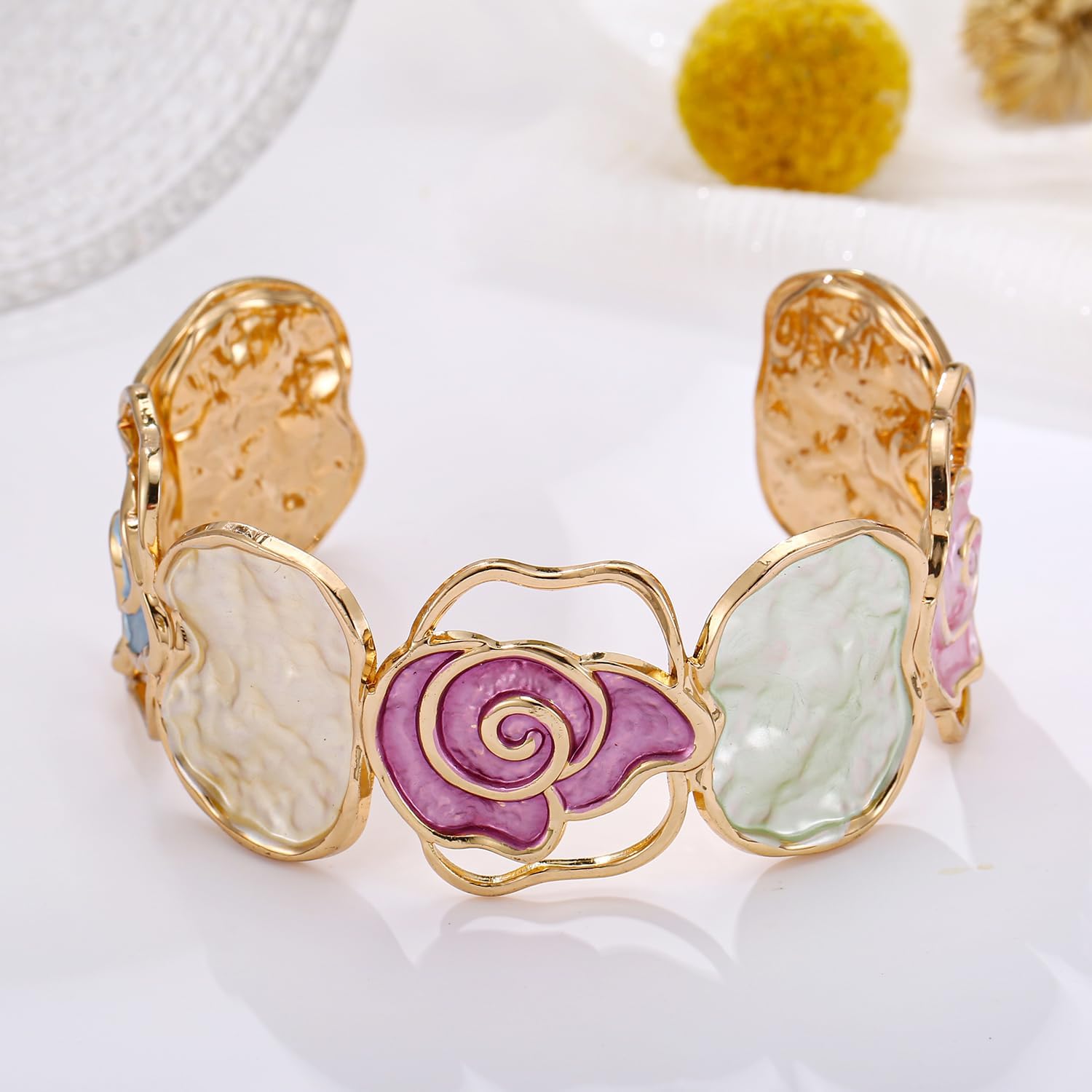 LUREME Gold Rose Cuff Bracelet for Women - Open-End Colorful Enamel Flower Stretch Bangle, Adjustable Vintage Jewelry (bl003607) - Image 4