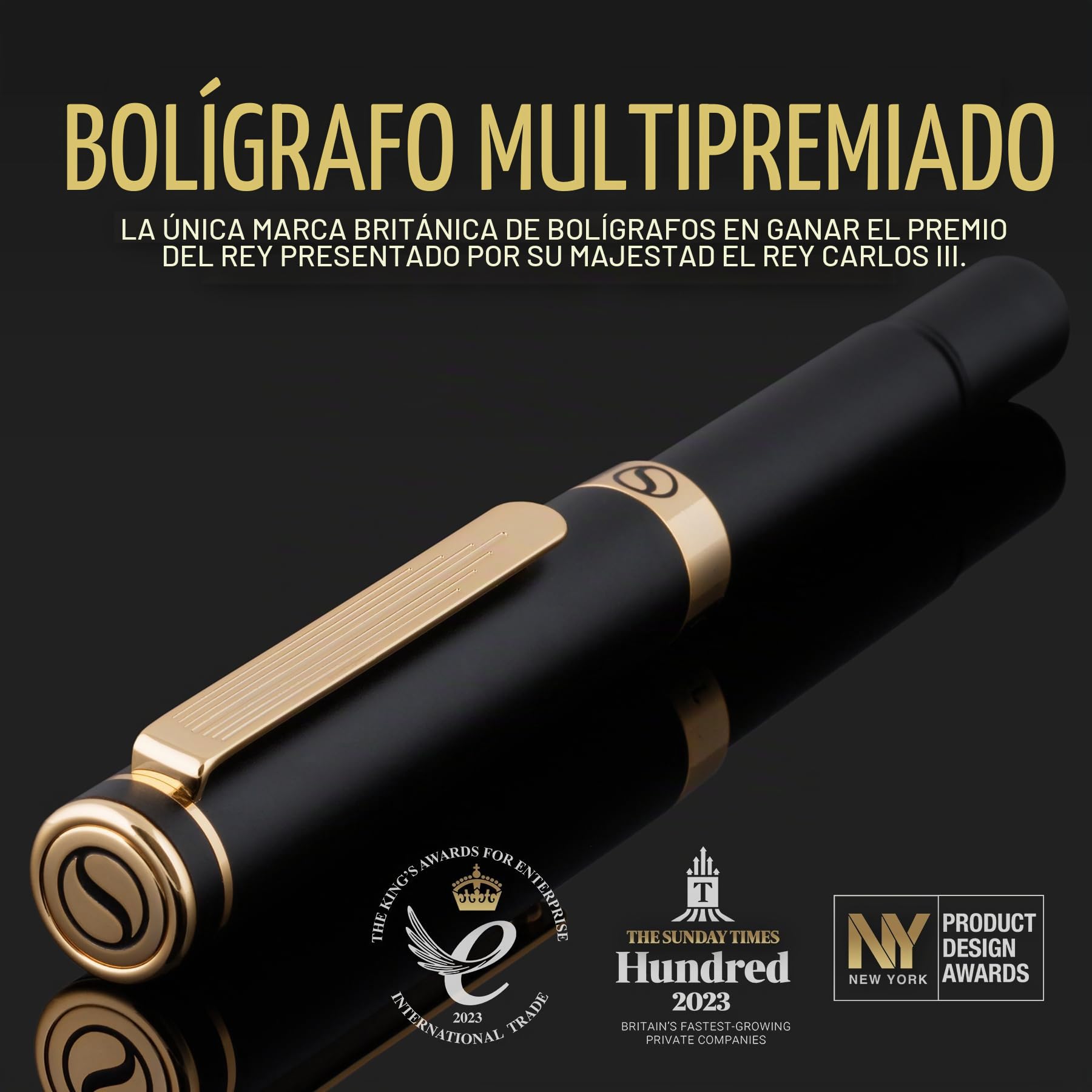 Scriveiner Bolígrafo Rollerball EDC Negro de Lujo, Impresionante Bolígrafo de Bolsillo con Acabado en Chapado en oro auténtico, Recambio Schmidt Alemán, Buen Regalo, Elegante Set de Diseño
