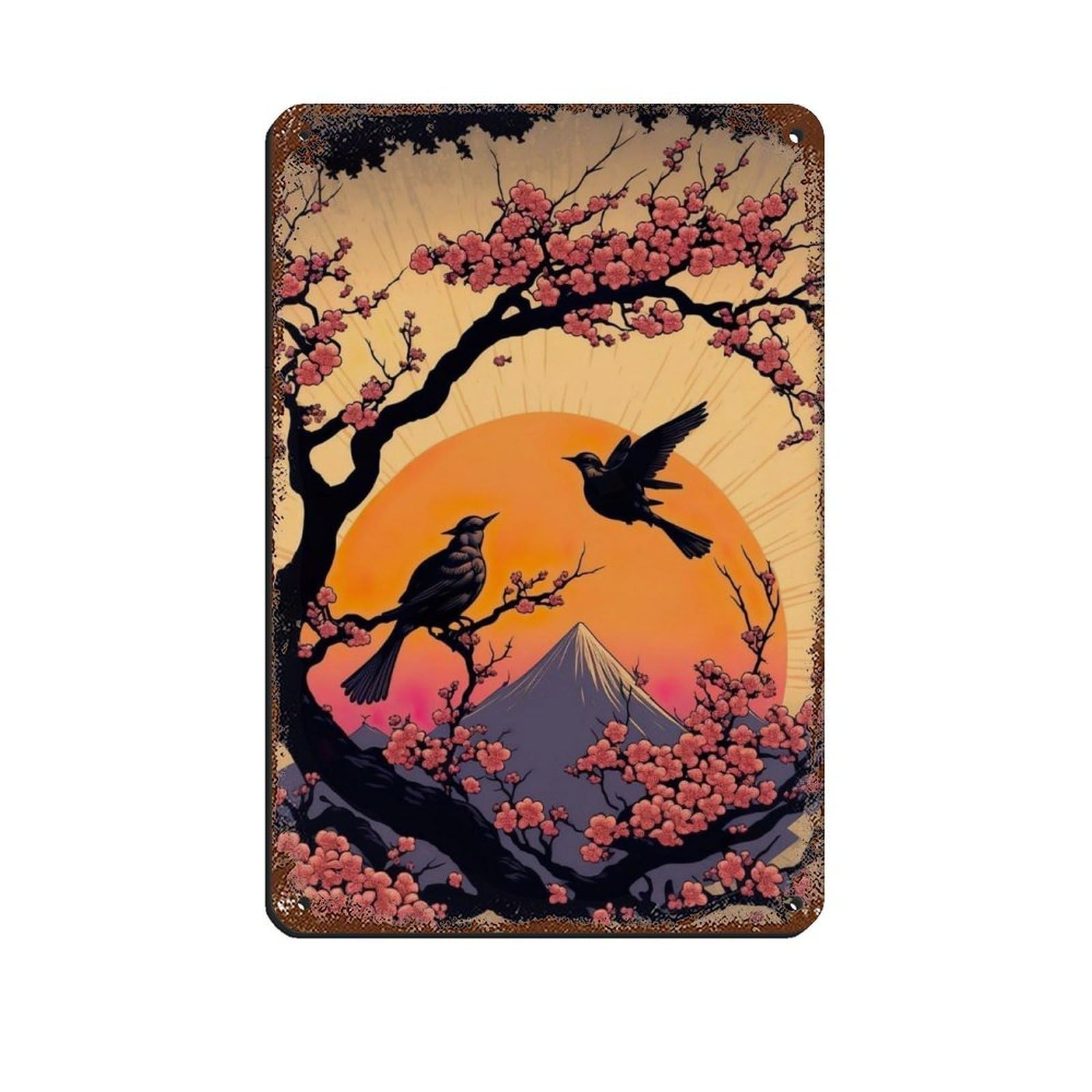 Lxwnze 20L X 30W Cm Two Birds On A Tree Branch In Sunset, Tin Sign Vintage Metal Pub Club Cafe Bar Home Wall Art Decoration Poster Retro 8X12inch(20X30cm)