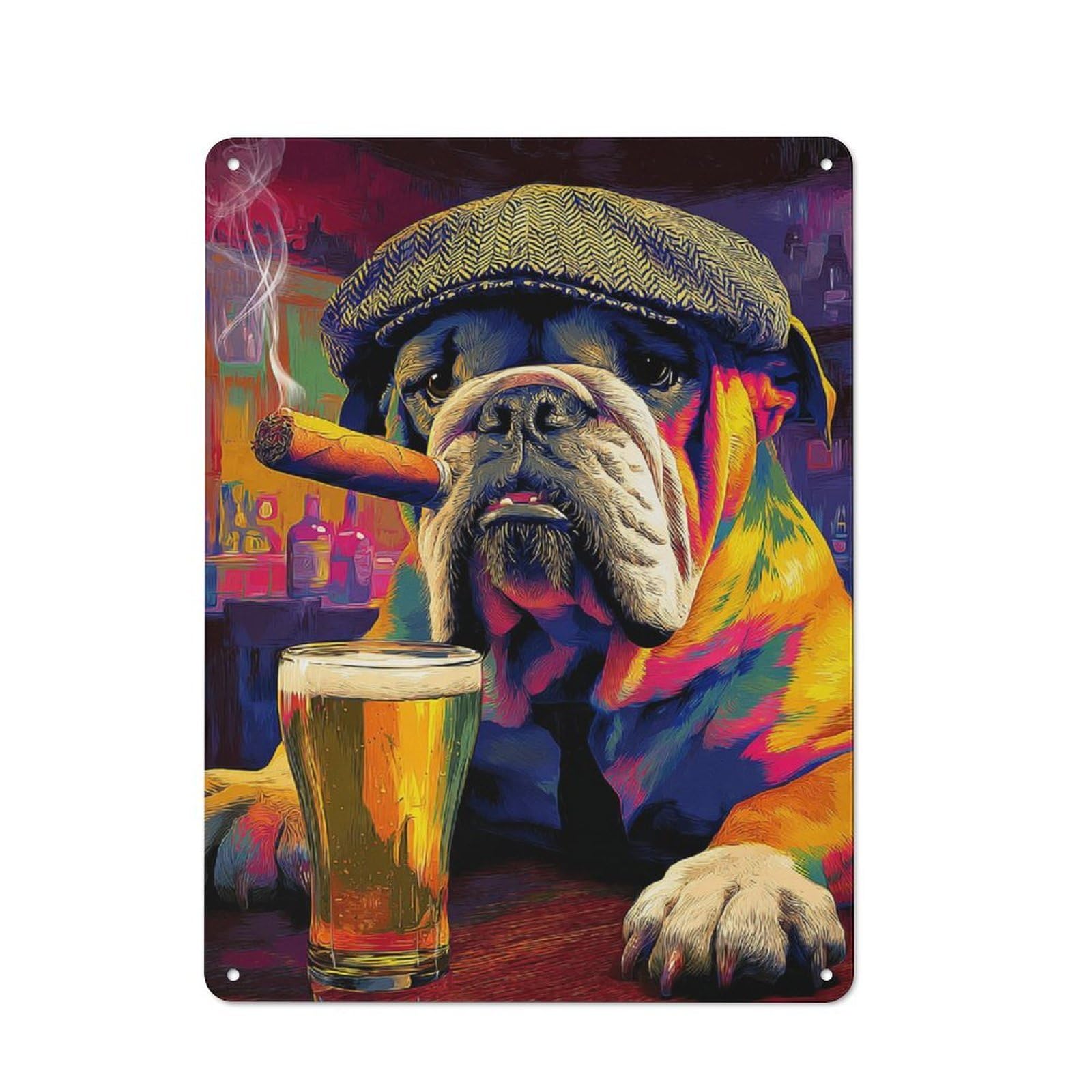 Junmoney Chill Bulldog With Beer And Cigar -2 Rustic Metal Sign 40X30cm For Café Or Restaurant, Suited To Café Owners And Decorators