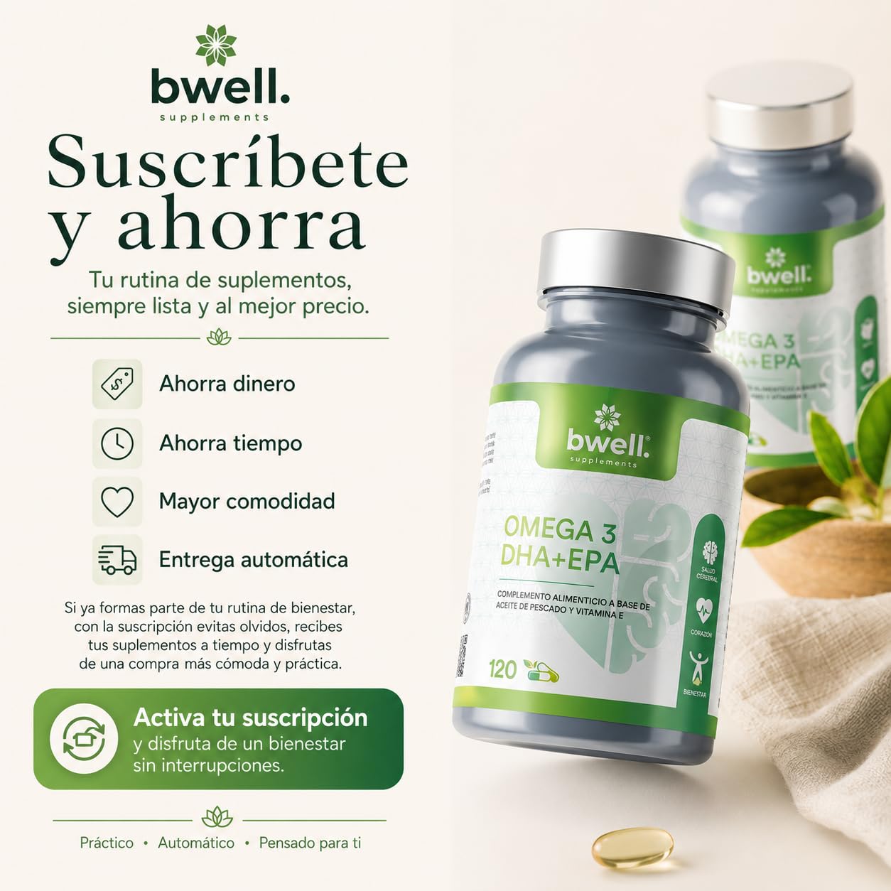 Omega 3 Capsulas Certificado IFOS 500mg EPA + 1000mg DHA 1500mg Alta Concentracion por Dosis + Vitamina E 120 Uds para 4 Meses – Apoya Memoria Vista Corazon y Defensas sin OGM - BWELL