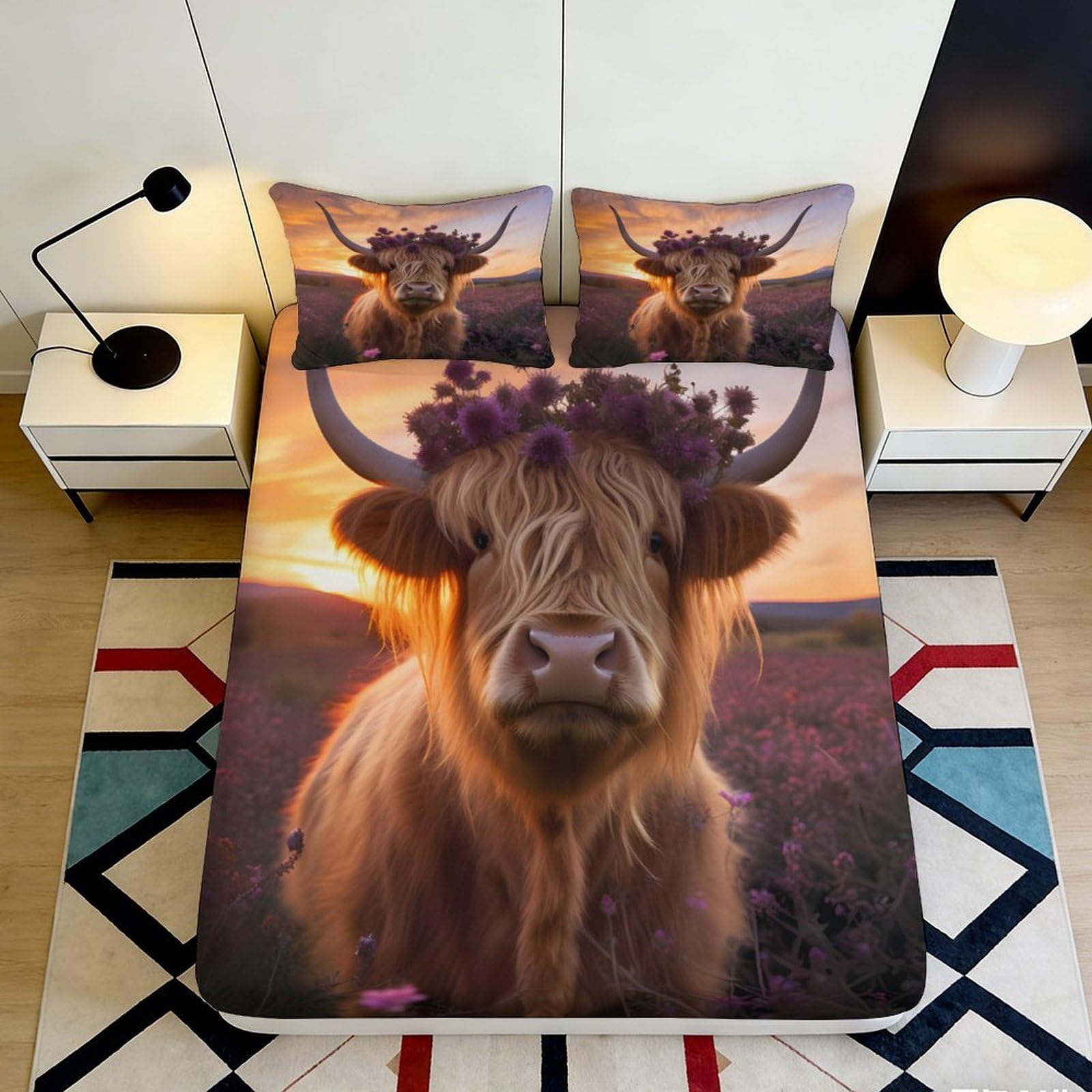 3D Printed Highland Cow Fitted Sheet Microfiber Soft Breathable Floral Mattress Cover for Bedroom Dormitory Guest Room Mattress Protection Decor 140x200x25cm