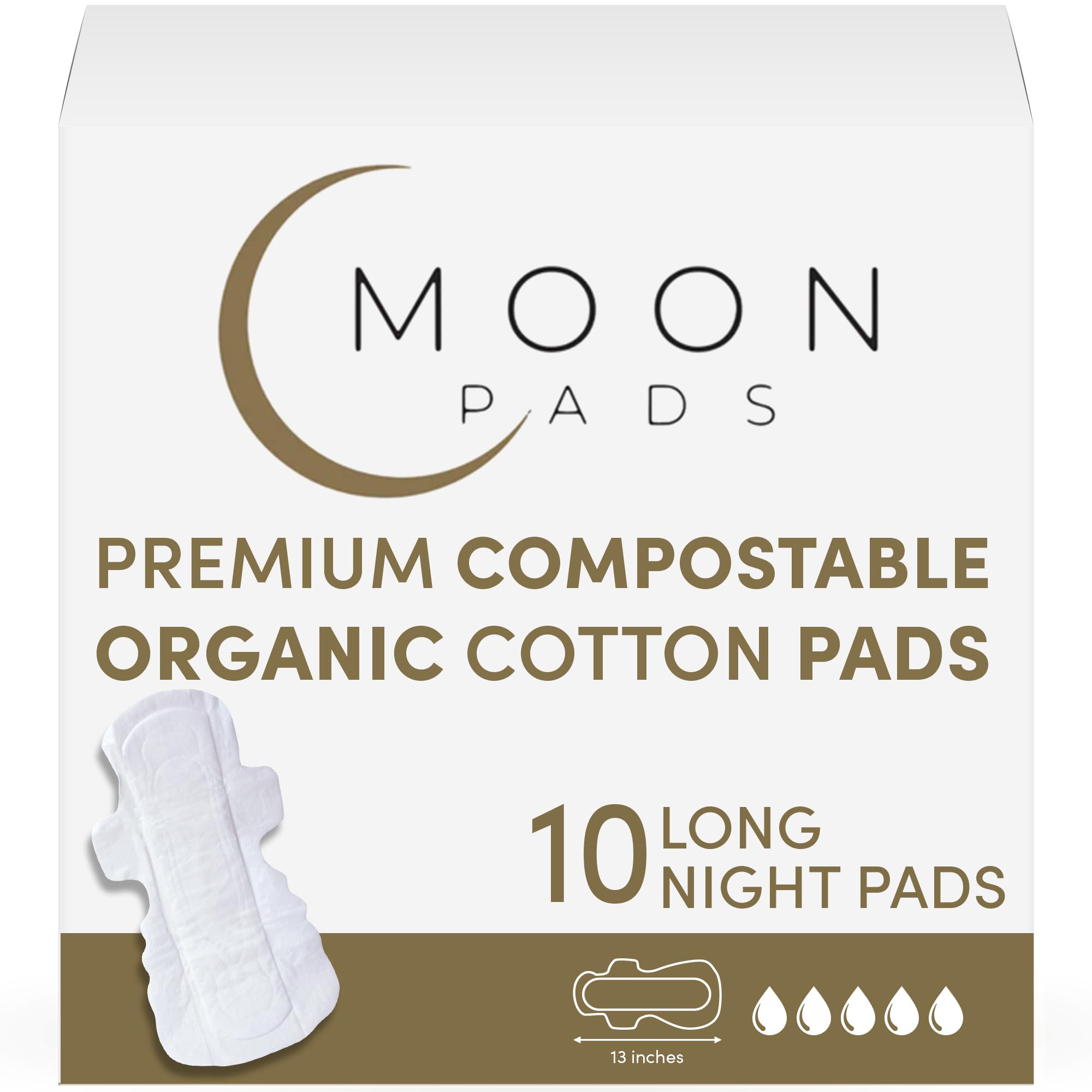 MoonPads Long Overnight Pads for Women, Ultra Thin, 10 Pack, Organic Cotton Pads with Wings, Feminine Care Sanitary Pads with Overnight Absorbency, Vegan, Non-Toxic, BPA & Cruelty-Free, Hypoallergenic